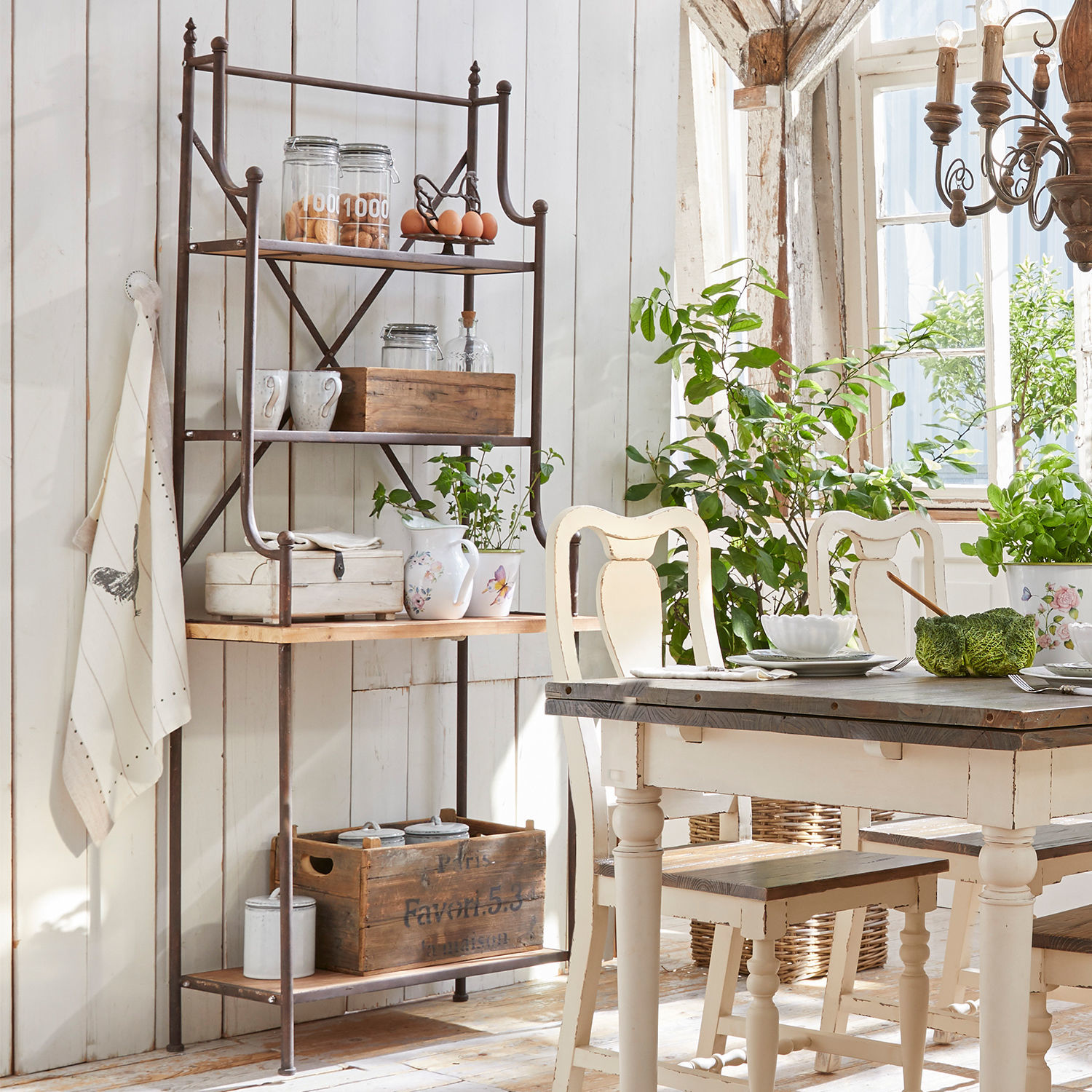 Rustikales Metallregal mit Holzablagen in hellem Esszimmer mit Pflanzen und Dekorationen