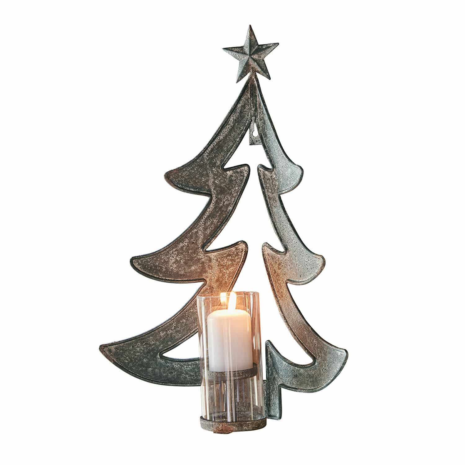 Wandkerzenhalter Jolise Metall Weihnachtsbaum-Dekoration mit Stern und Glas-Kerzenhalter in Grau für festliche Stimmung