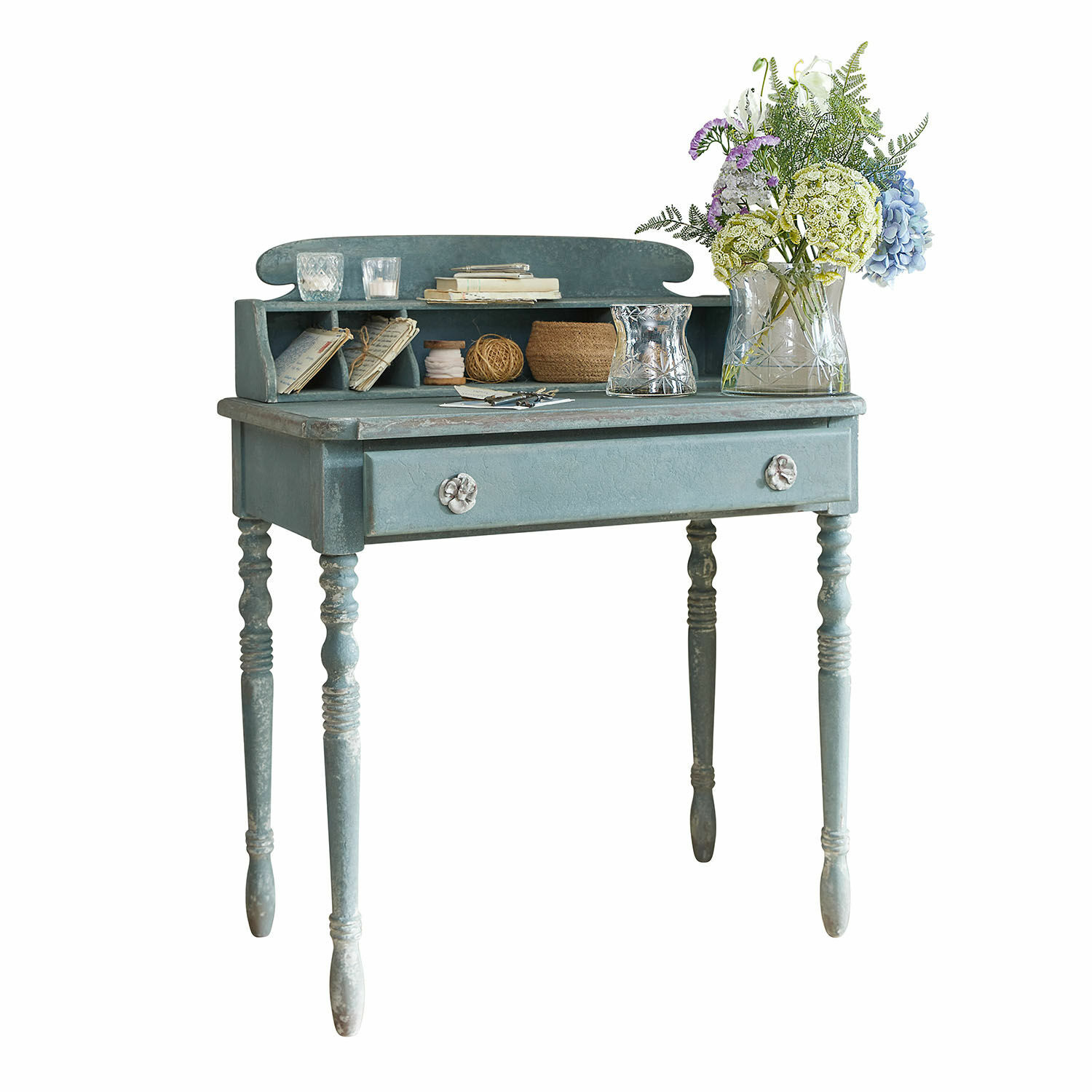 Sekretär Lartigue Blauer Holzschreibtisch mit Schublade und Fächern, Vintage-Möbel für Aufbewahrung und Dekor