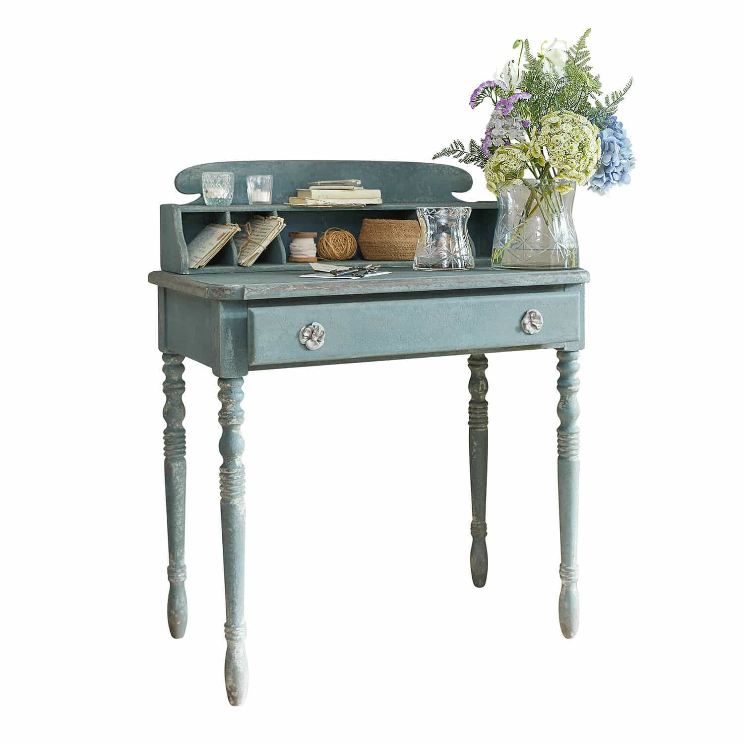 Sekretär Lartigue Blauer Holzschreibtisch mit Schublade und Fächern, Vintage-Möbel für Aufbewahrung und Dekor