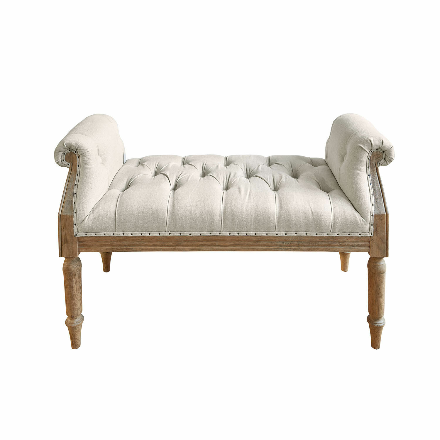 Bank Griveta Gepolsterte Bank aus hellem Leinen und Holz im Vintage-Stil, Sitzmöbel für Flur oder Wohnzimmer