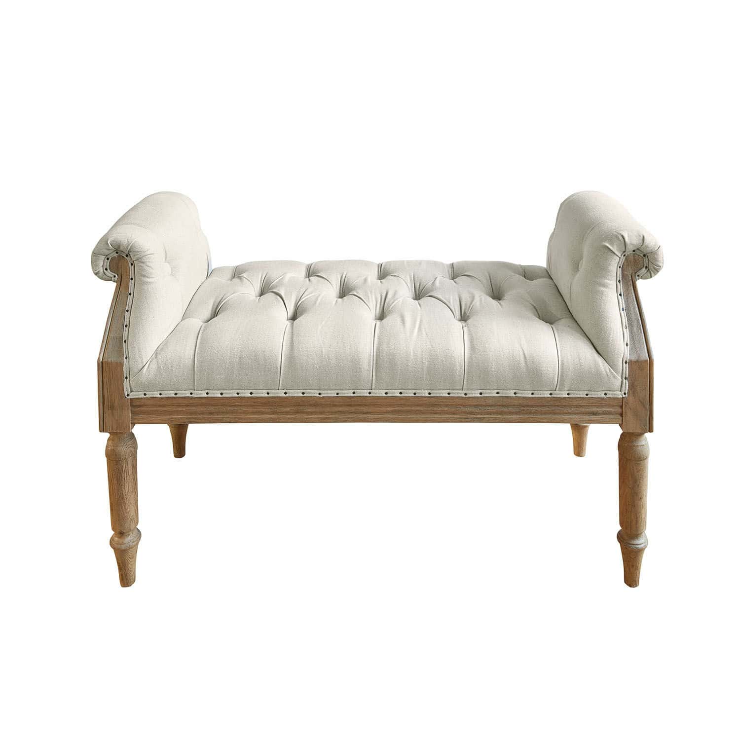 Bank Griveta Gepolsterte Bank aus hellem Leinen und Holz im Vintage-Stil, Sitzmöbel für Flur oder Wohnzimmer