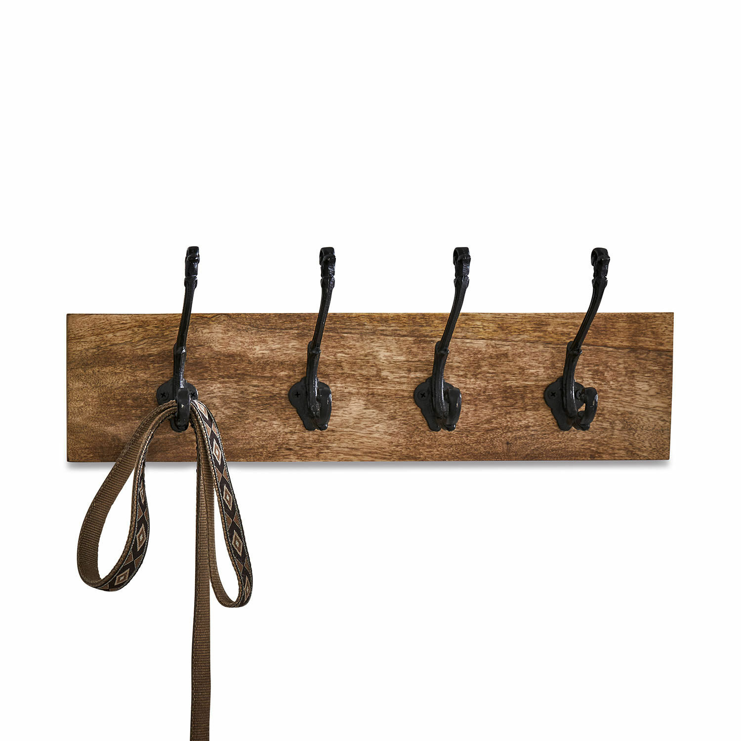 Hakenleiste Taylors Island Wandgarderobe aus Holz mit schwarzen Metallhaken und einer hängenden Leine, praktischer Flur-Organizer