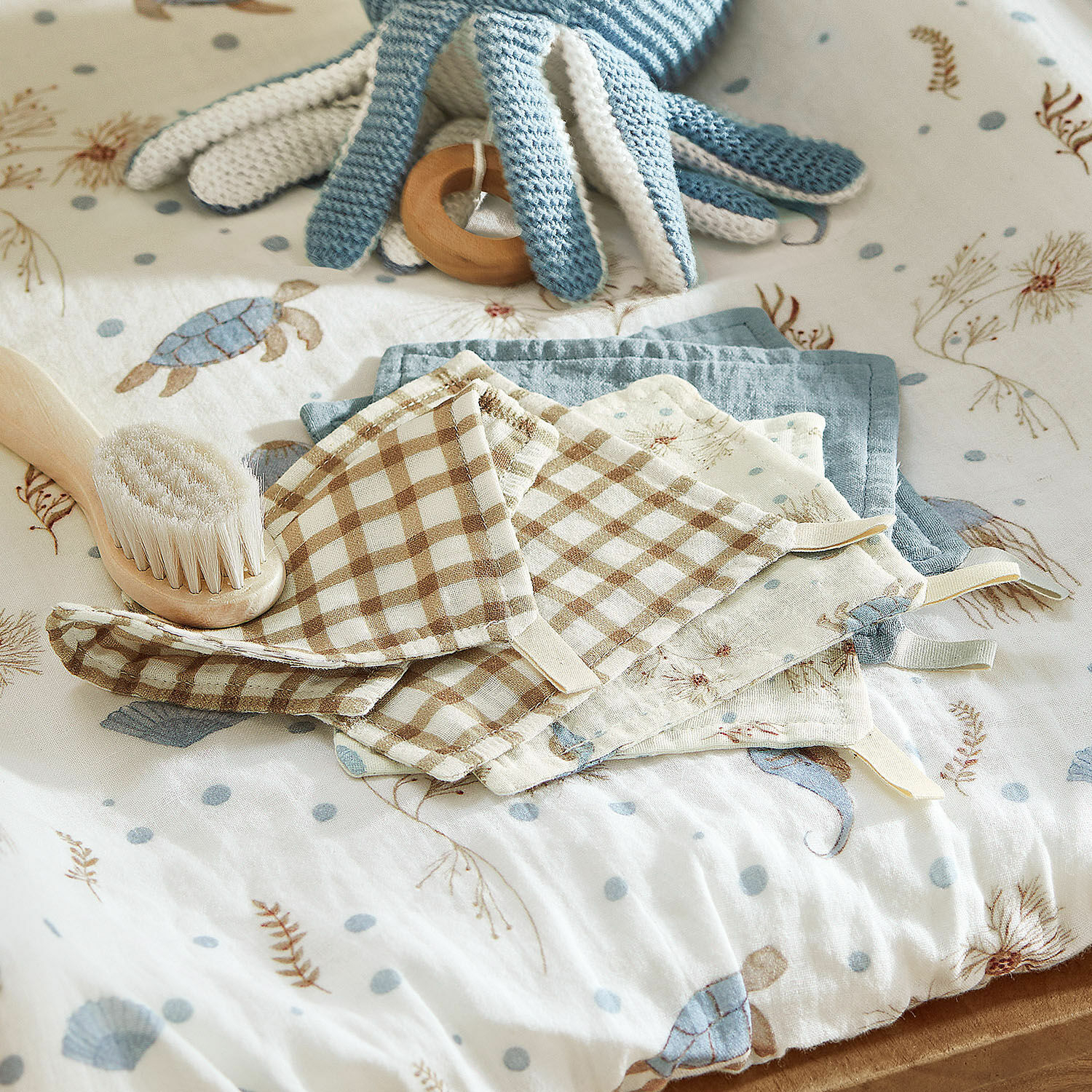 Waschlappen 6er Set Tinkertop, Reine Baumwolle, Drei verschiedene Designs, Mit Aufhängeschlaufe in blau/beige