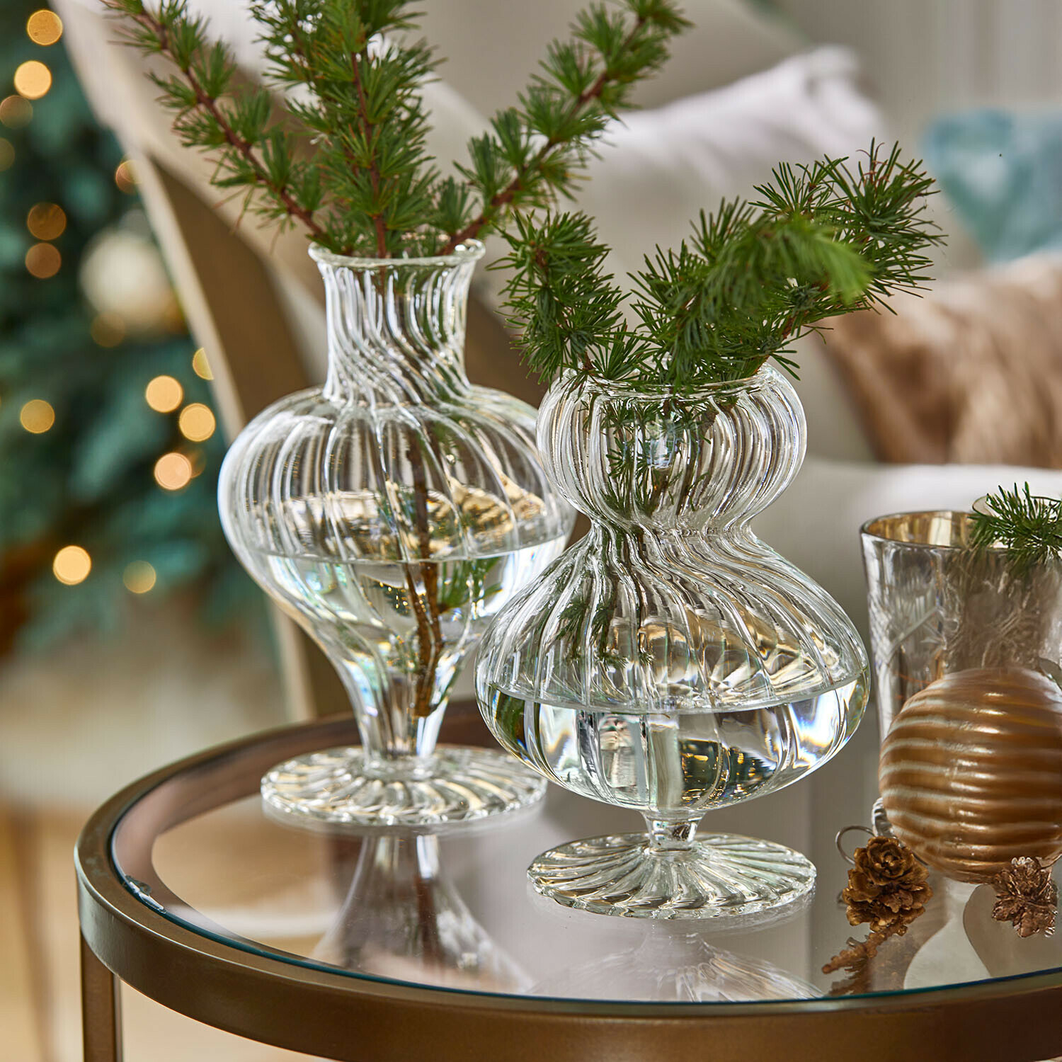 Vase 2er Set Bavella, Klarglas, Wellenförmige Struktur, Zweiteiliges Set in klar