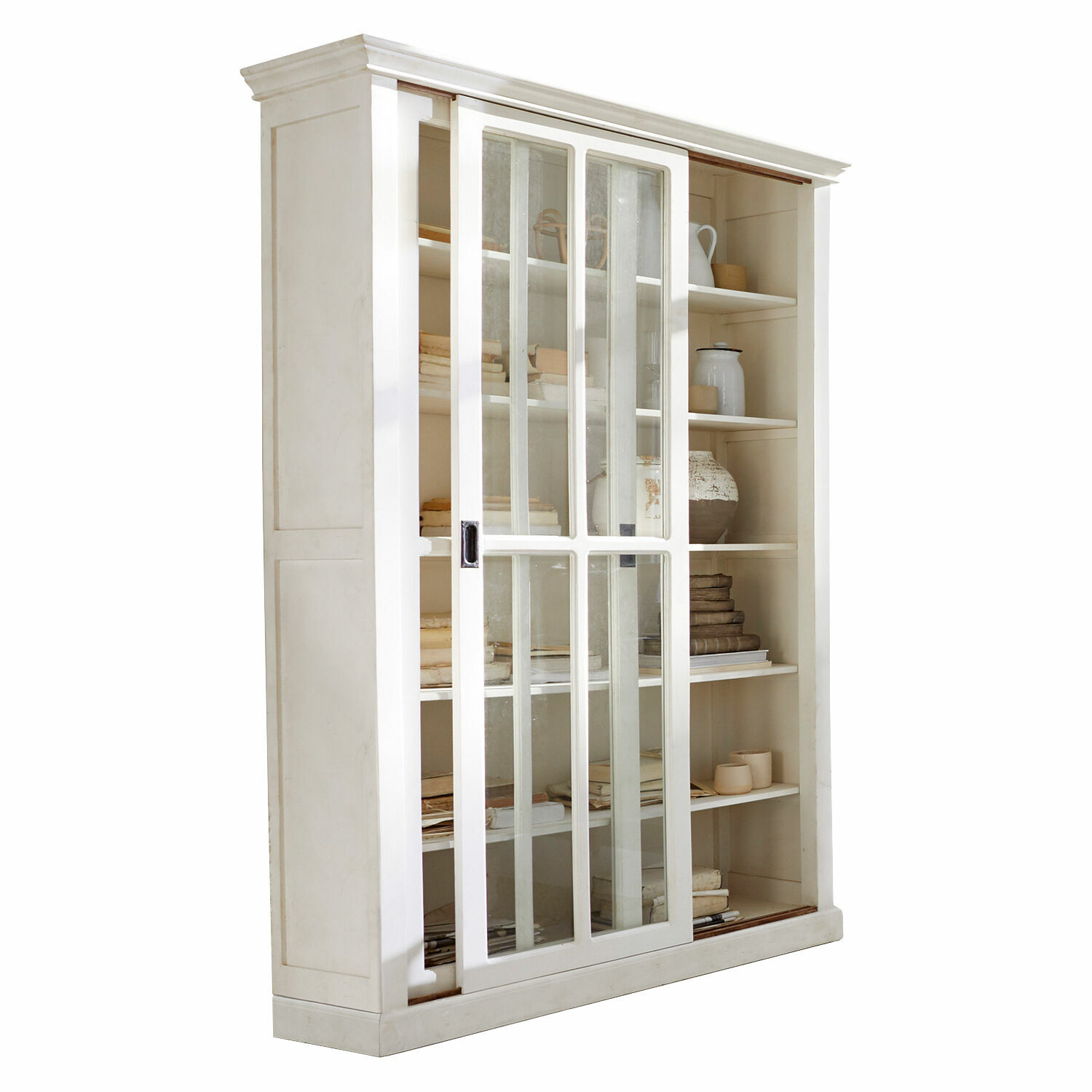 Schrank Brouns Weiße Holzvitrine mit Schiebetüren aus Glas und Regalen für Bücher und Dekorationen