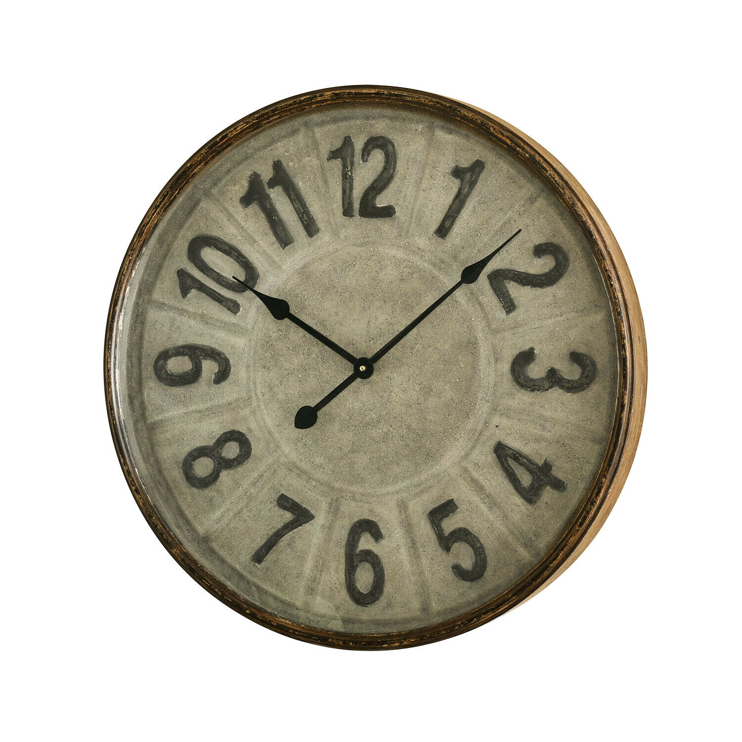 Runde Wanduhr mit messingfarbenem Metallrahmen und grauem Zifferblatt mit großen Zahlen