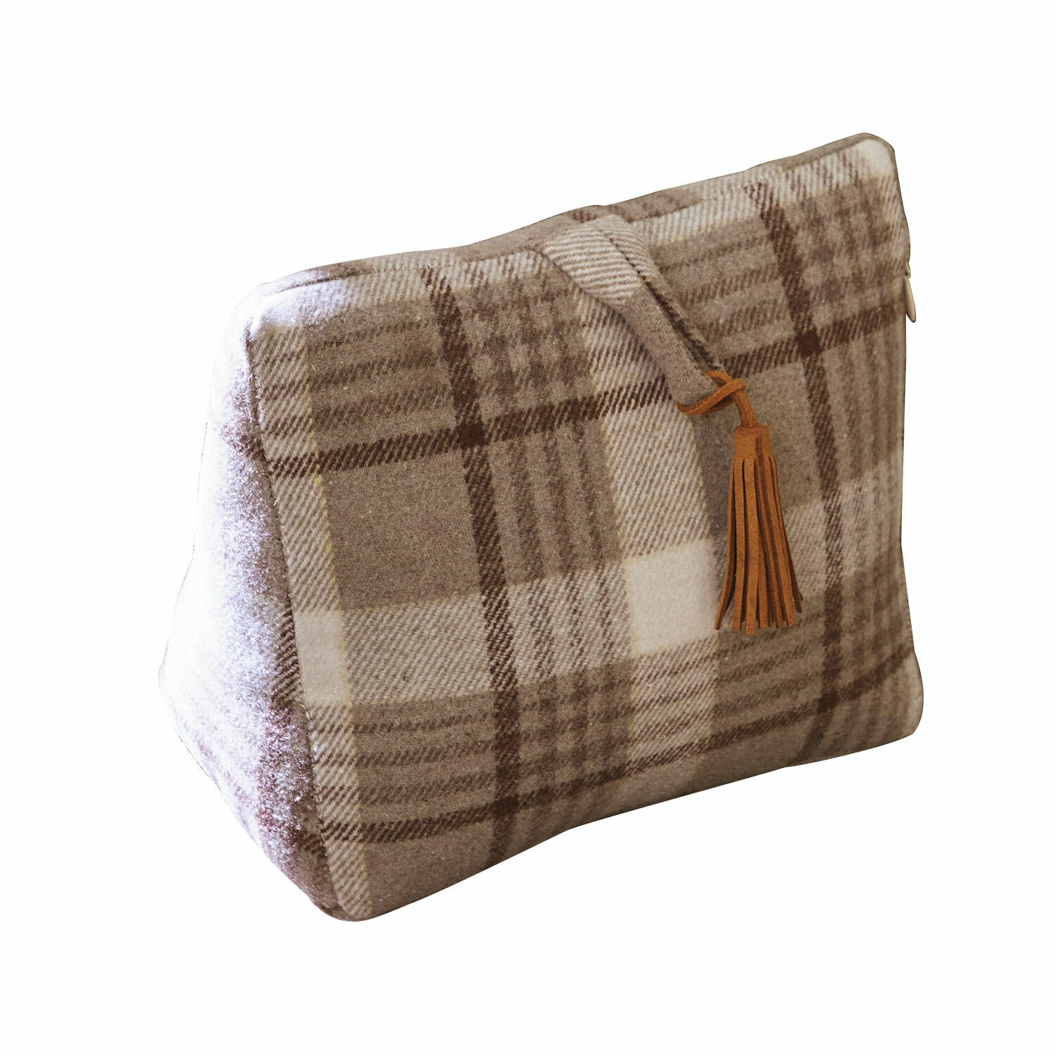 Türstopper Ersac Beige karierte Kosmetiktasche aus weichem Material mit dekorativem Quastenanhänger am Reißverschluss