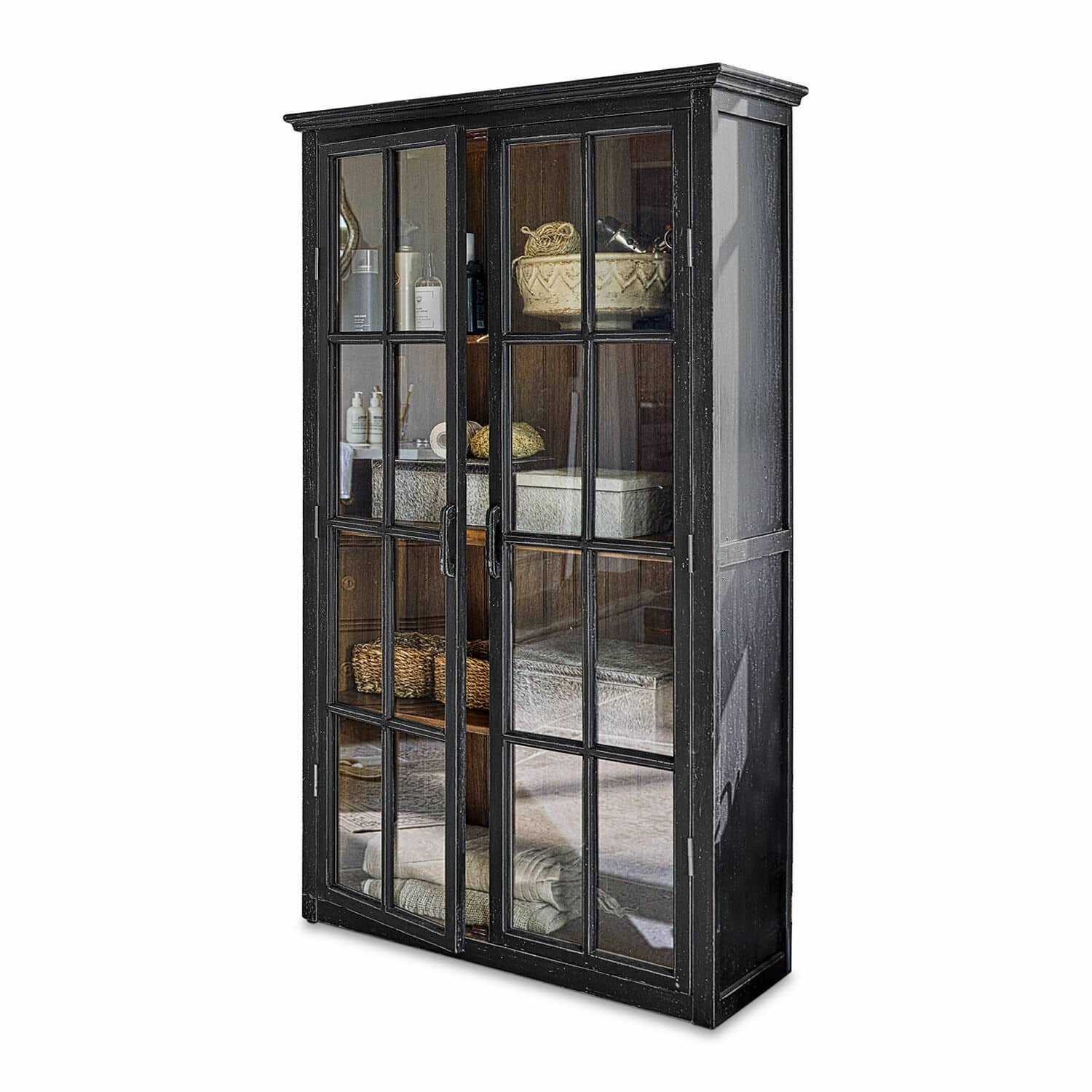 Schrank Keanu Schwarze Holzvitrine mit Glastüren und Regalen für Dekoration und Aufbewahrung