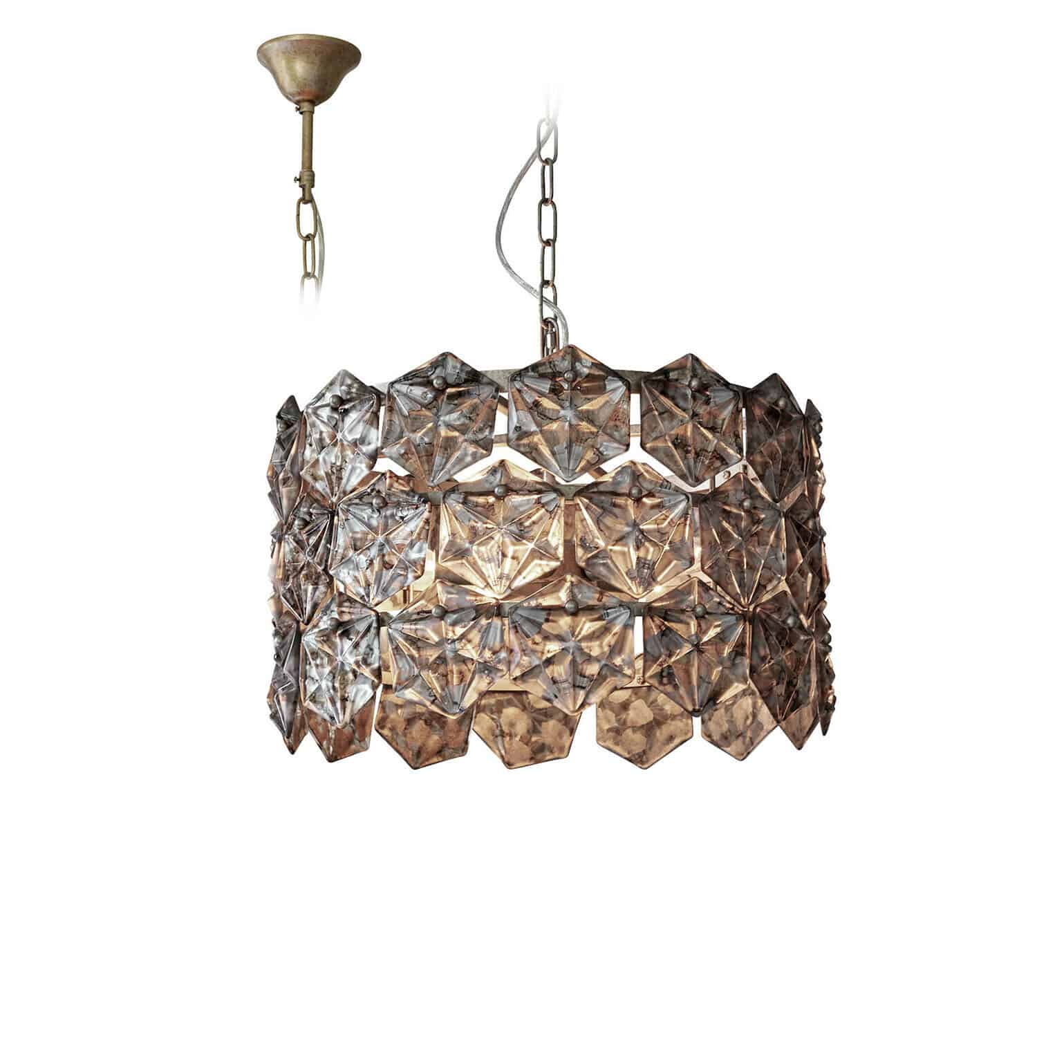 Leuchter Émirelle Hängelampe aus transparentem Glas mit geometrischem Muster und Metallkette, dekorative Deckenleuchte