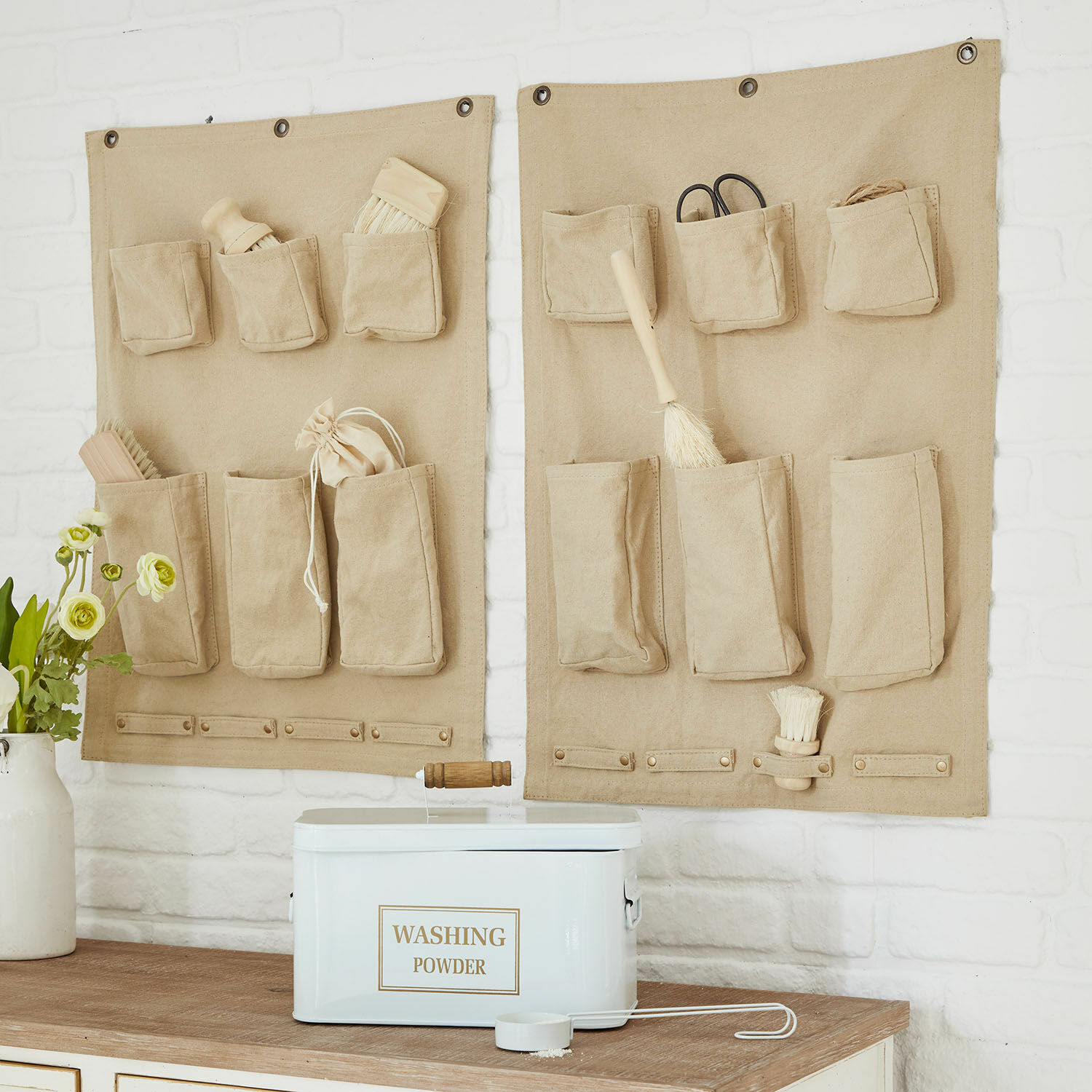 Wand-Organizer 2er Set Kaventi Beige Leinwand-Wandorganizer mit Taschen für Waschutensilien und Bürsten