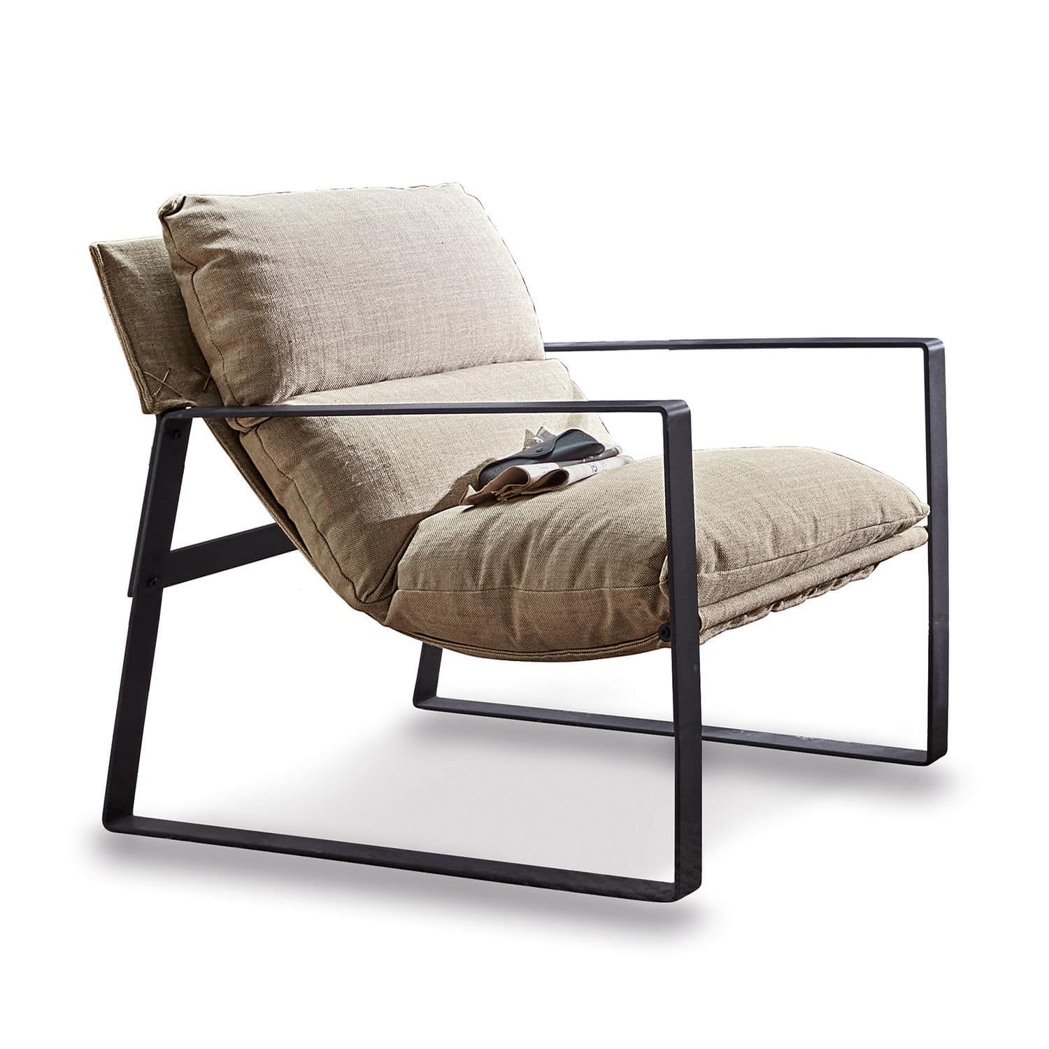 Sessel Seuvard Moderner Sessel mit beigem Stoff und schwarzem Metallgestell für Wohnzimmer
