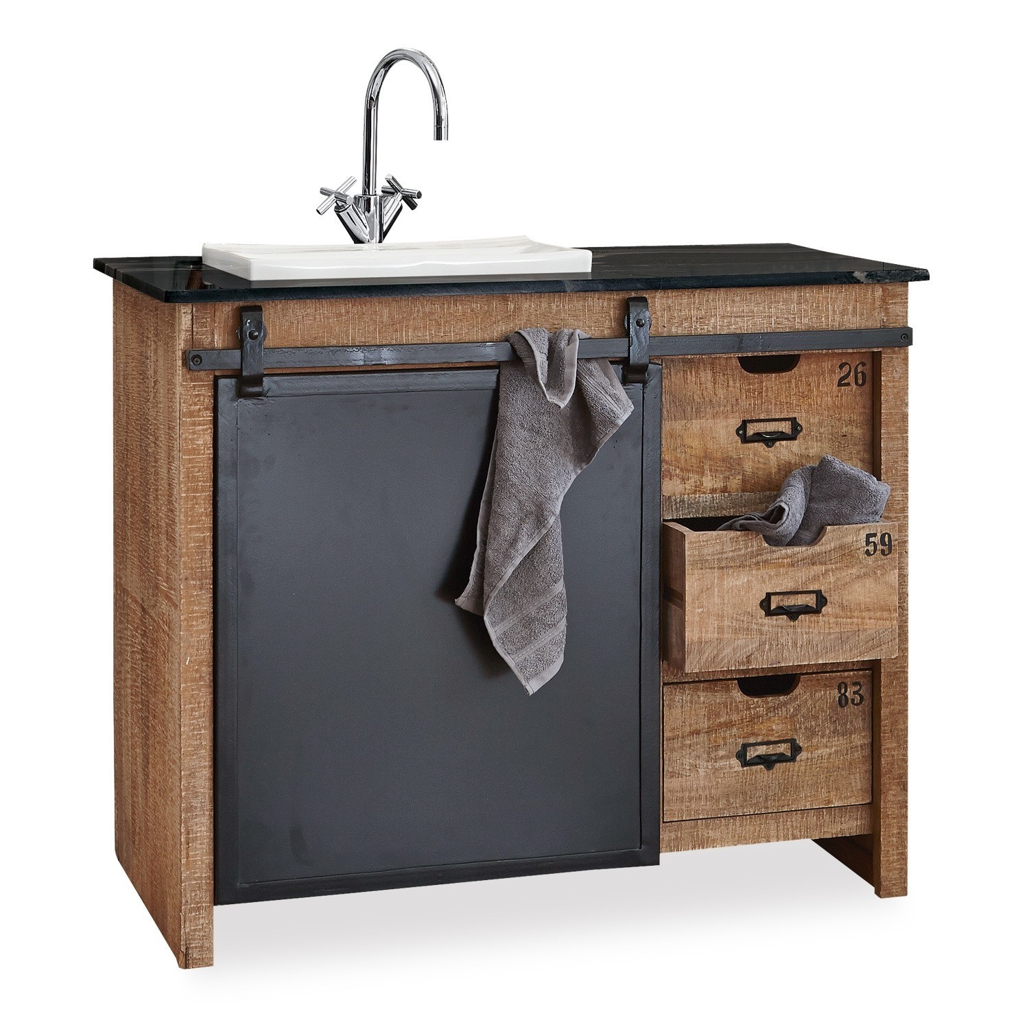Waschtisch Taylors Island Badezimmerschrank aus Mangoholz und Metall mit schwarzer Tür und weißem Waschbecken im Industriestil