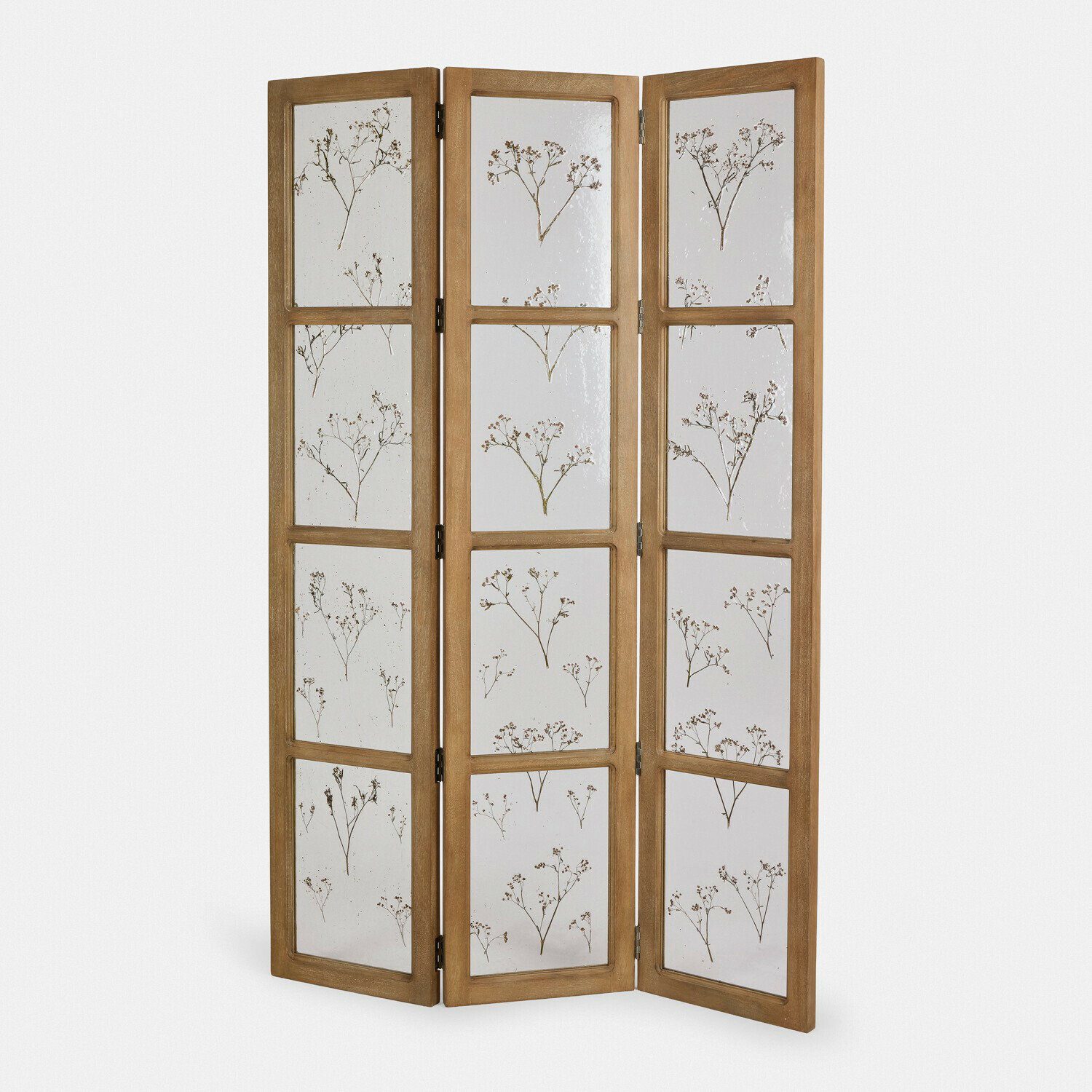 Paravent Somerlyn Dreiteiliger Paravent aus Holz mit Glasplatten und getrockneten Blumen als Dekorationsmotiv