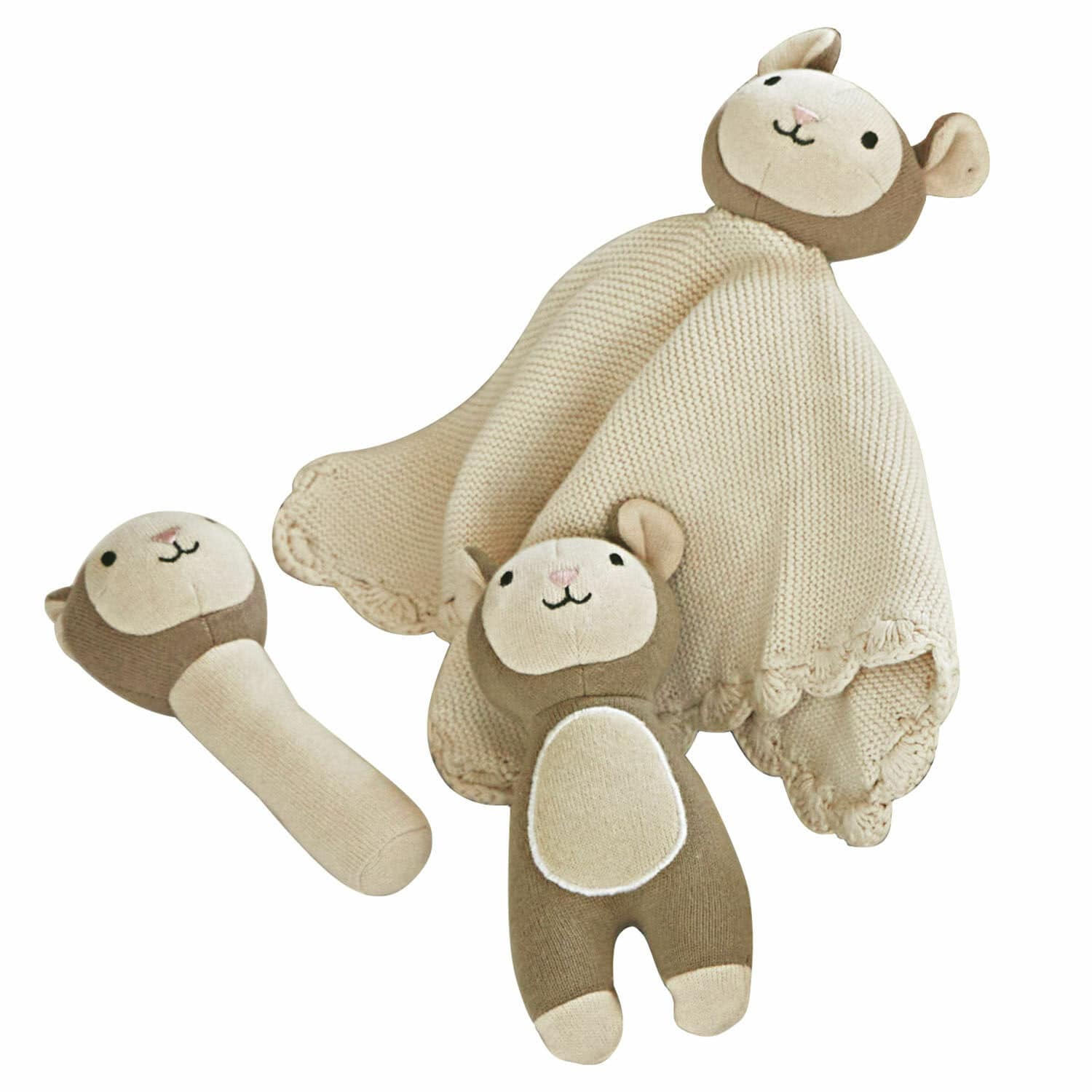 Stofftier 3er Set Playfulo Set aus beigen und braunen Plüschspielzeugen in Bärenform aus weichem gestricktem Material für Babys