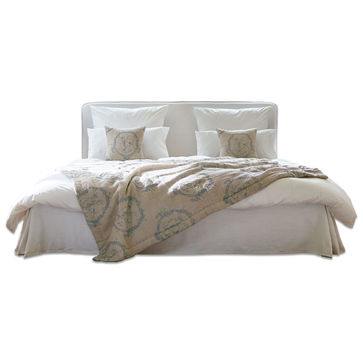 weiß Bett Aubrianne aus weißem Stoff mit beiger dekorativer Decke und Kissen für das Schlafzimmer