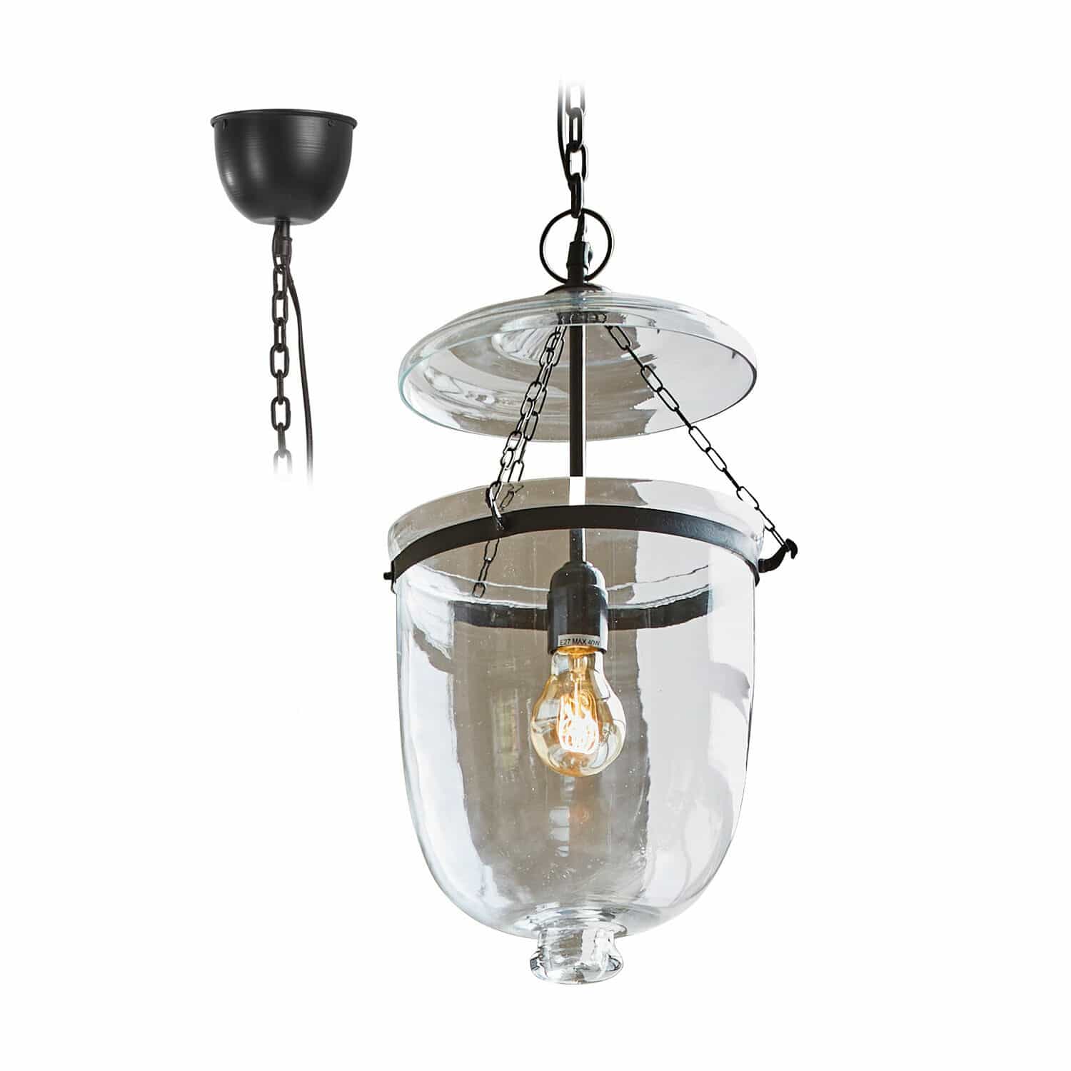 Hängelampe Lanta Hängelampe aus Glas mit schwarzem Metallketten und klarem Lampenschirm, dekorative Innenbeleuchtung