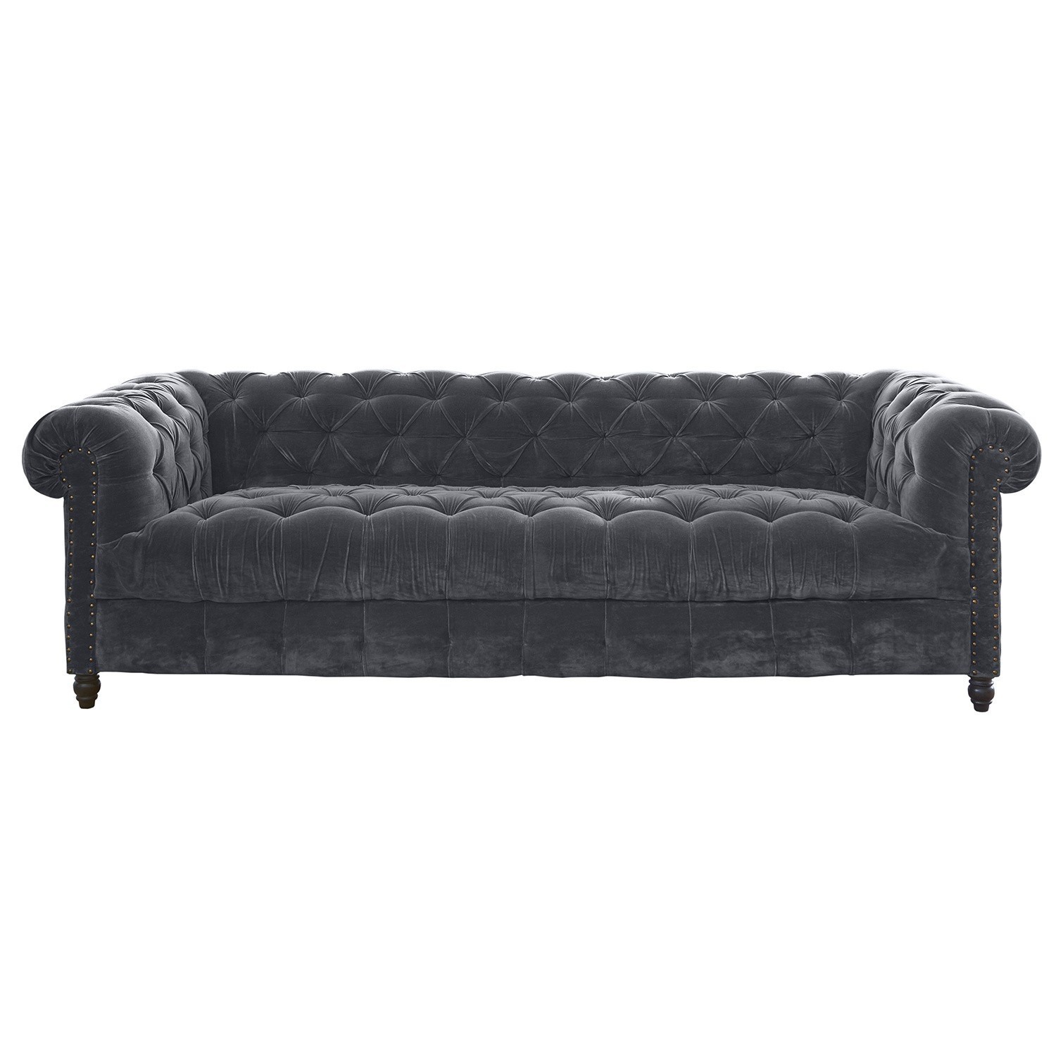grau Graues Samtsofa Parpeville mit gesteppter Rückenlehne und dekorativen Nägeln, elegantes Wohnzimmermöbel