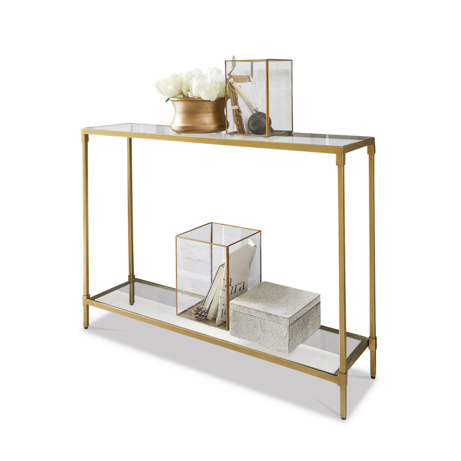 Konsole Ninove Goldfarbene Metallkonsole mit zwei Glasablagen und Dekorationen für modernes Wohnzimmer