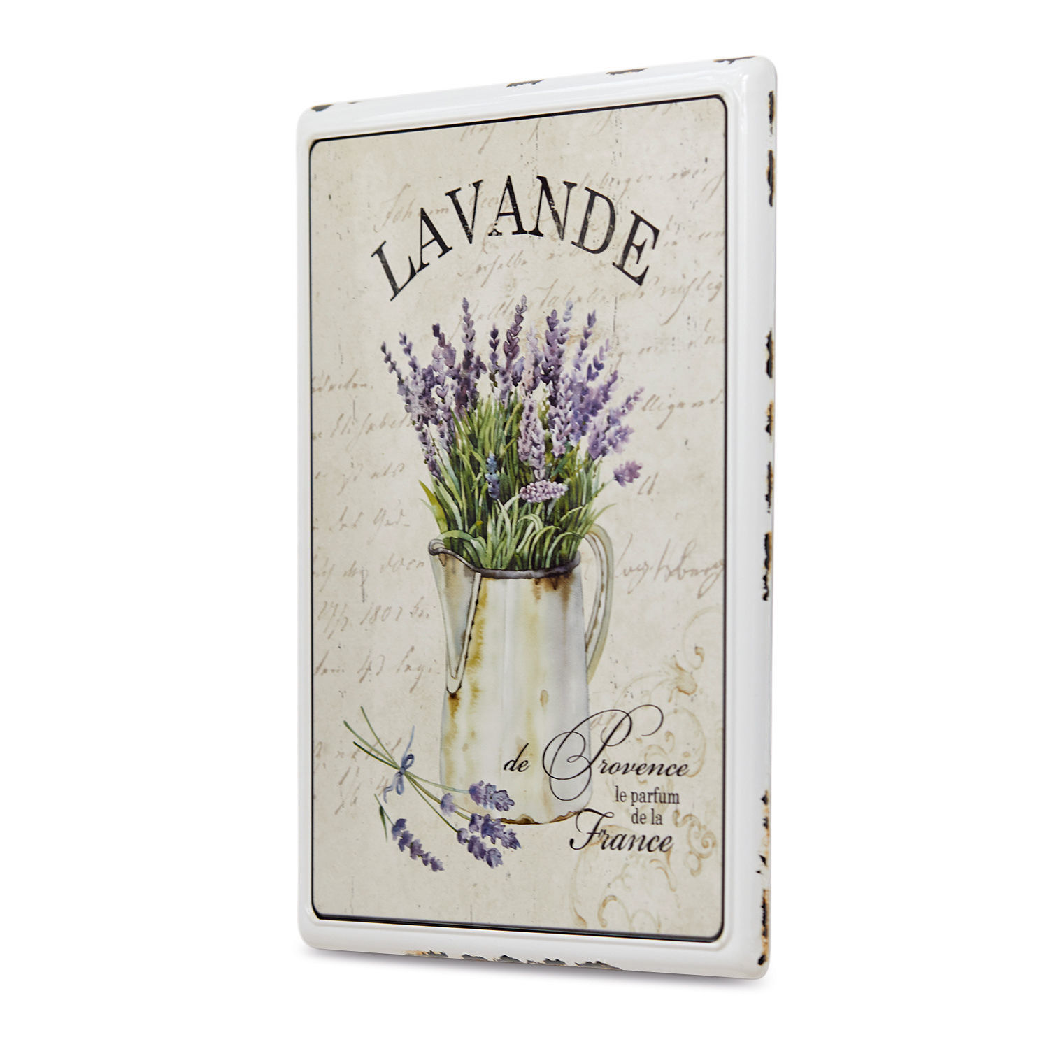Dekoboard Lavande Metall-Wandschild mit Lavendel in weißem Krug auf beigem Hintergrund und französischem Schriftzug
