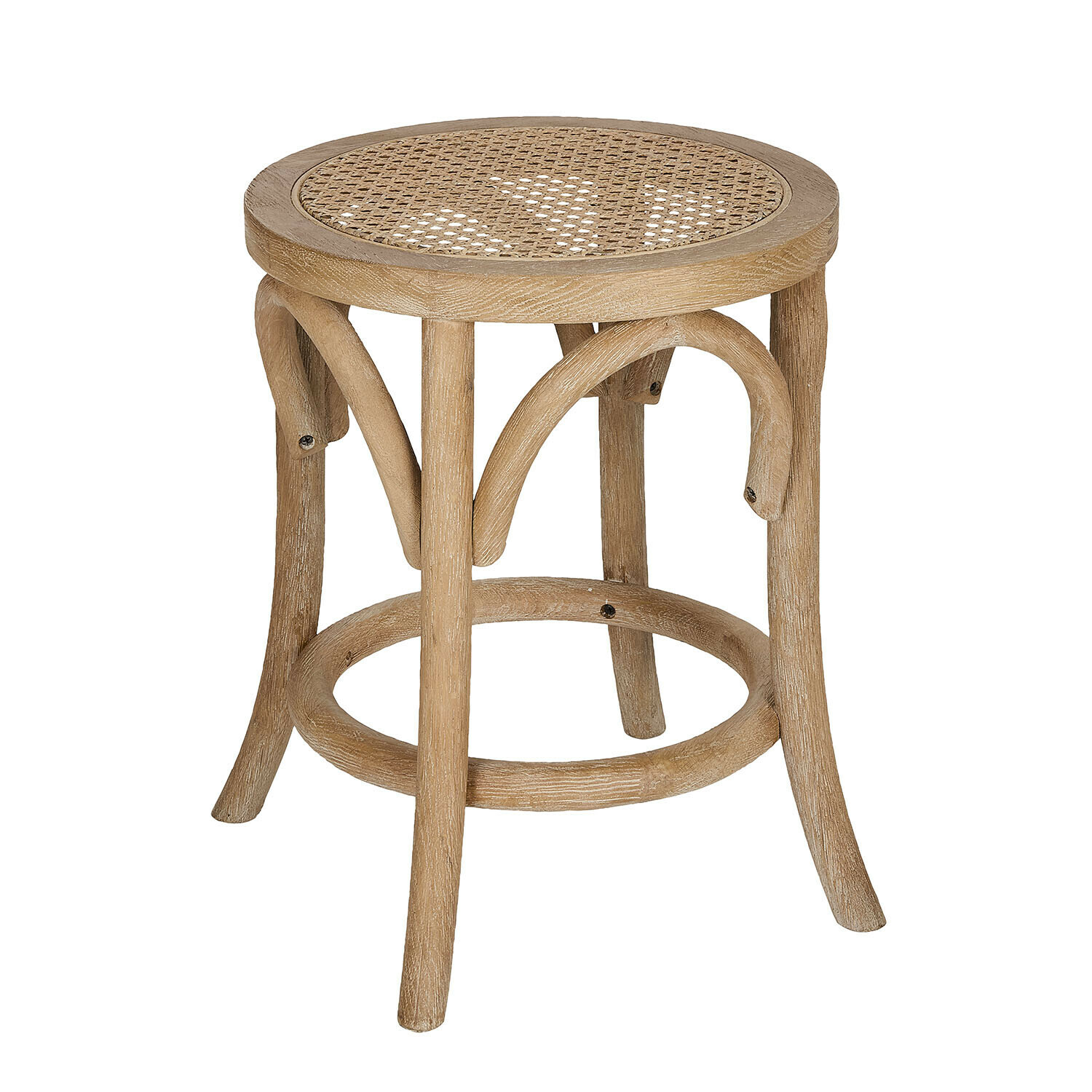 Brauner Hocker Kary aus Holz mit geflochtenem Sitz, rustikales Möbelstück für Wohnräume