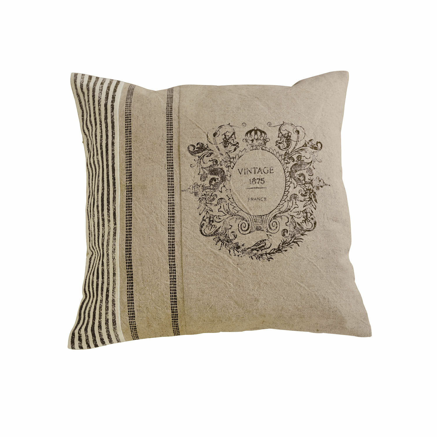 Kissenhülle Lélex Beige Baumwollkissen mit Vintage-Druck und Streifen, rustikales Wohnaccessoire