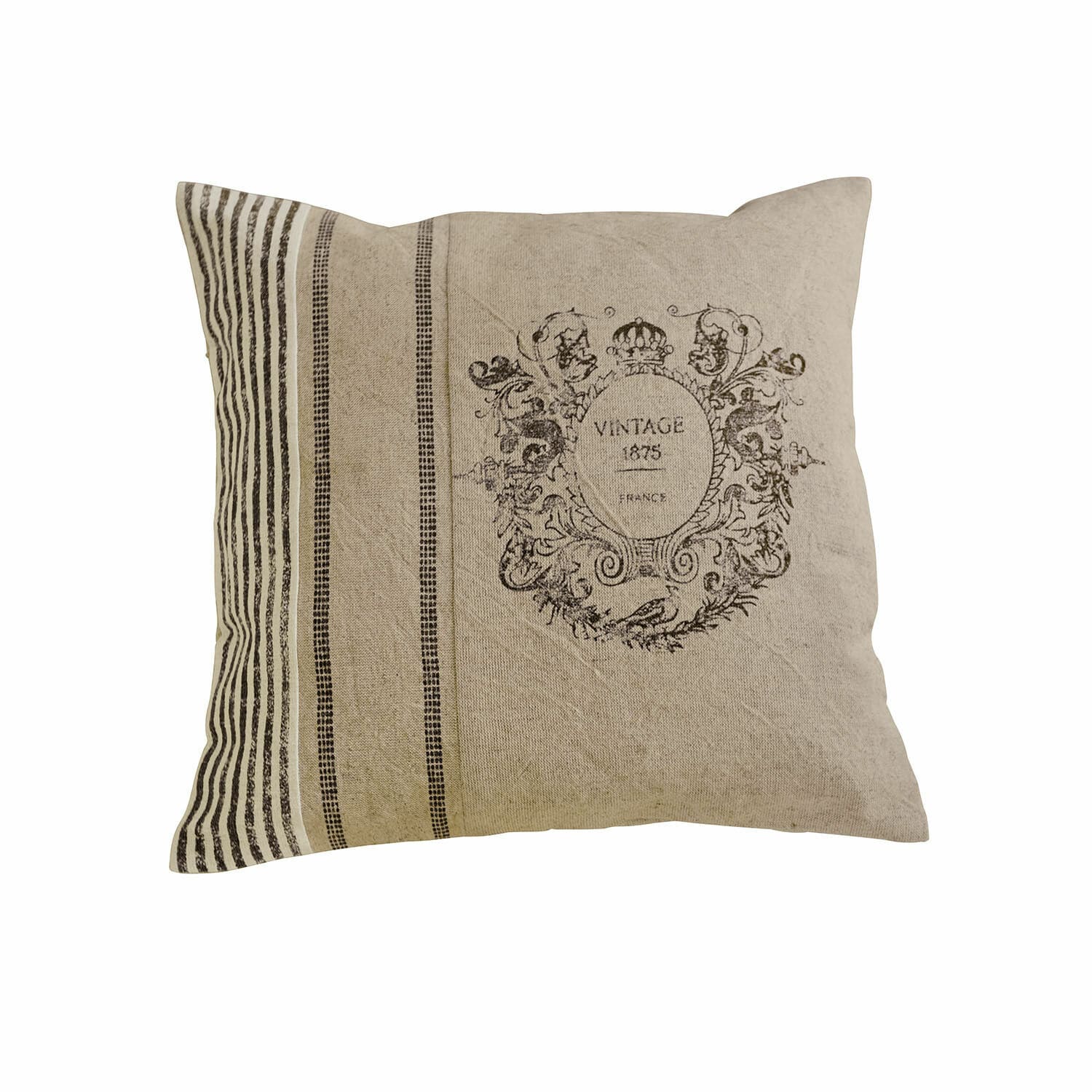 Kissenhülle Lélex Beige Baumwollkissen mit Vintage-Druck und Streifen, rustikales Wohnaccessoire