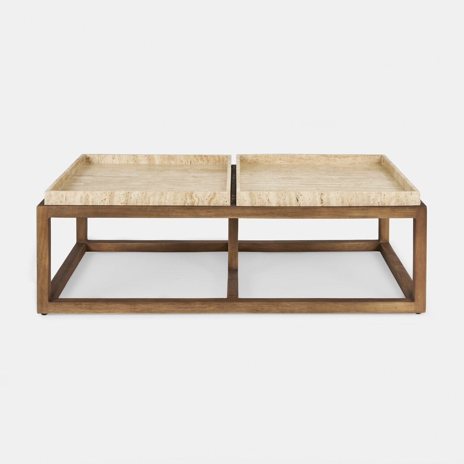 Couchtisch Edwyn Moderner Couchtisch aus hellem Holz mit beigem Marmorplatte, stilvolles Wohnzimmermöbel