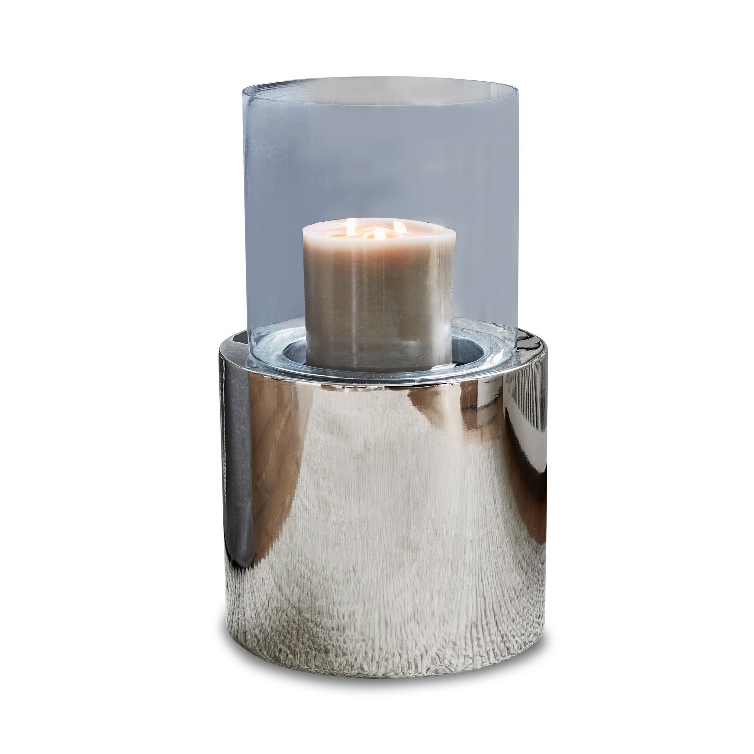 Moderner Kerzenhalter aus Edelstahl und Glas mit weißer Kerze, Wohnaccessoire