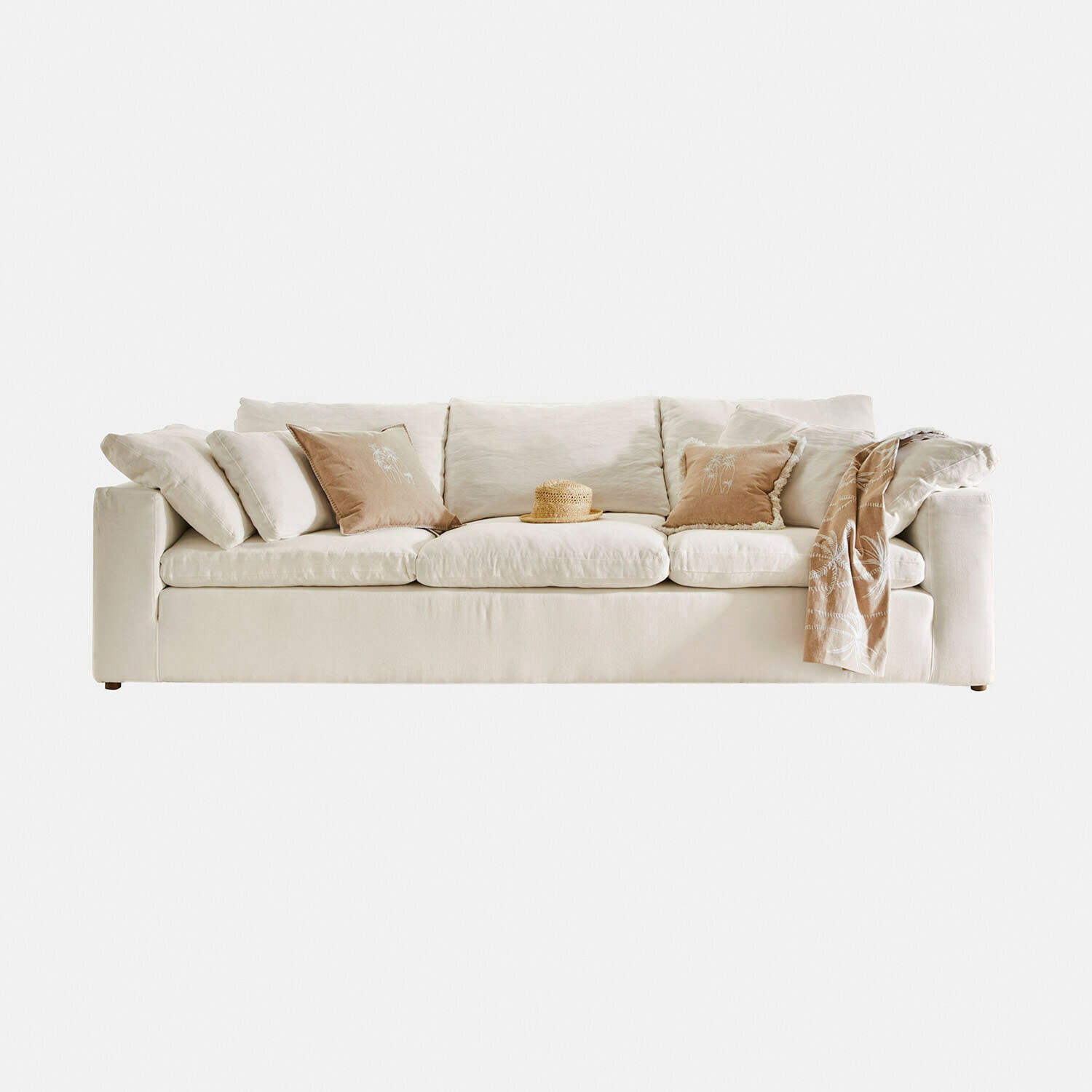 Sofa Everholt Beiges Sofa aus weichem Stoff mit Kissen und Decke, modernes Wohnzimmermöbel