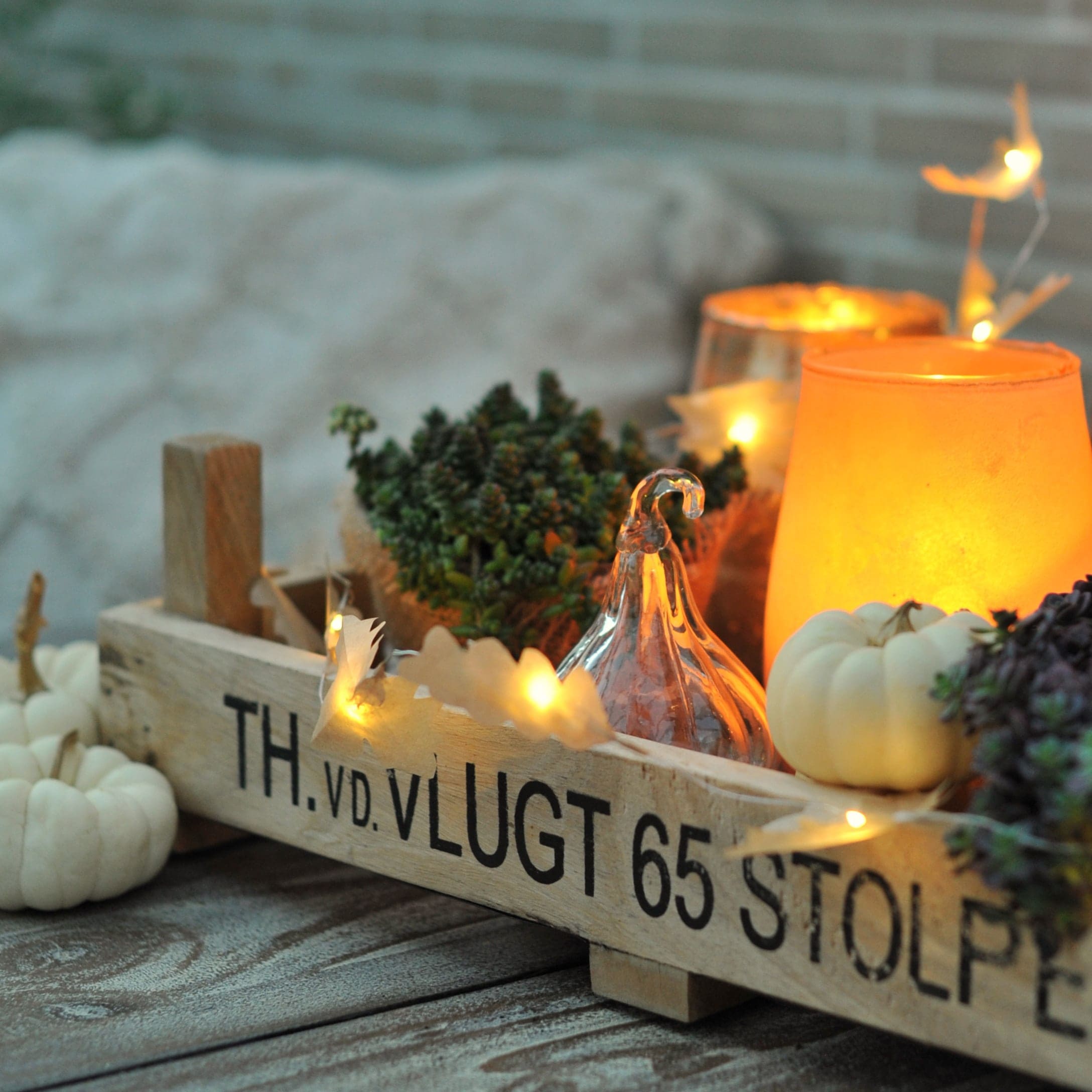 Holzkiste mit herbstlicher Dekoration, weißen Kürbissen, Kerze und grünen Pflanzen auf Tisch