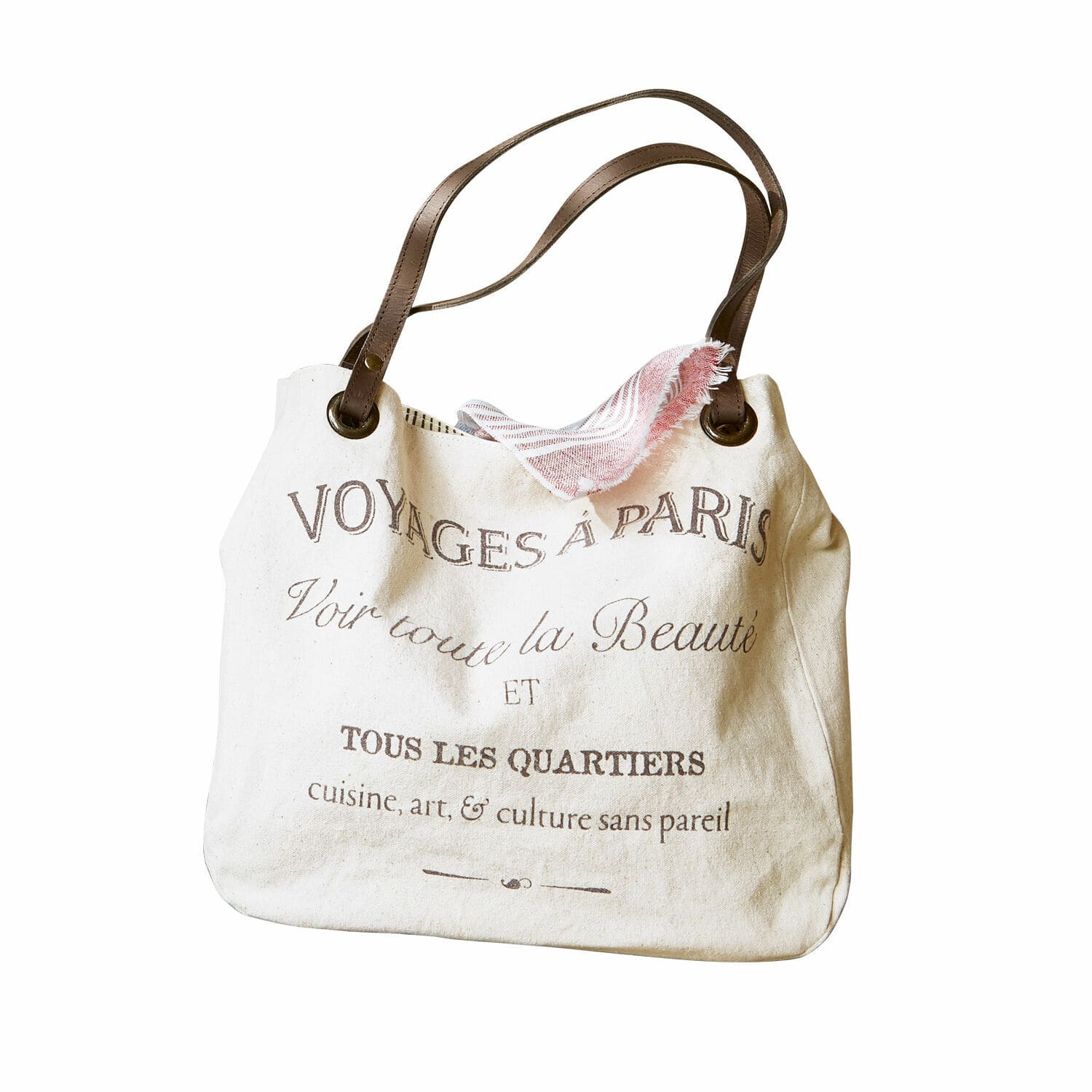 Tasche Voyage Beige Baumwolltasche mit braunen Griffen und französischem Aufdruck, modisches Alltagsaccessoire