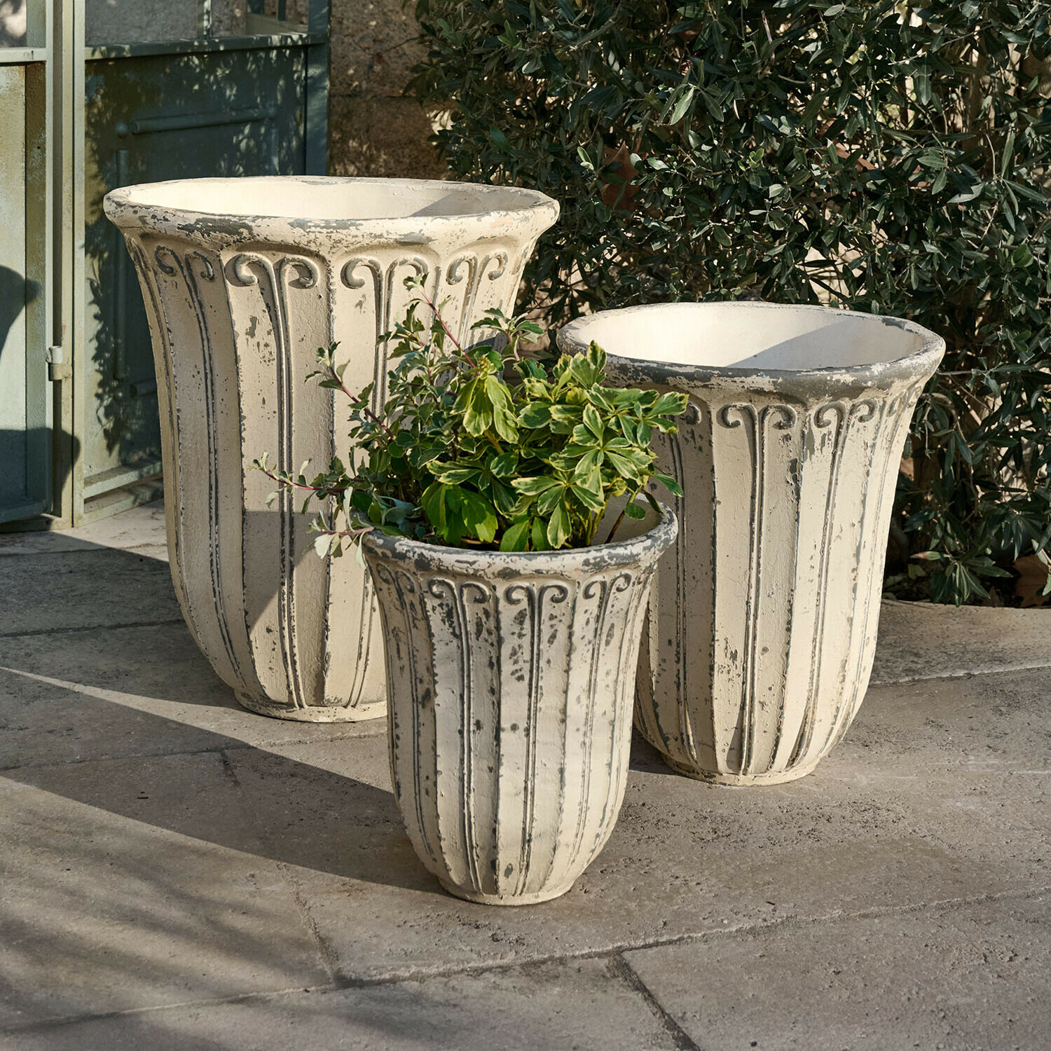 Set aus drei großen hellen Betontöpfen mit dekorativem Muster, ideal für Gartenpflanzen