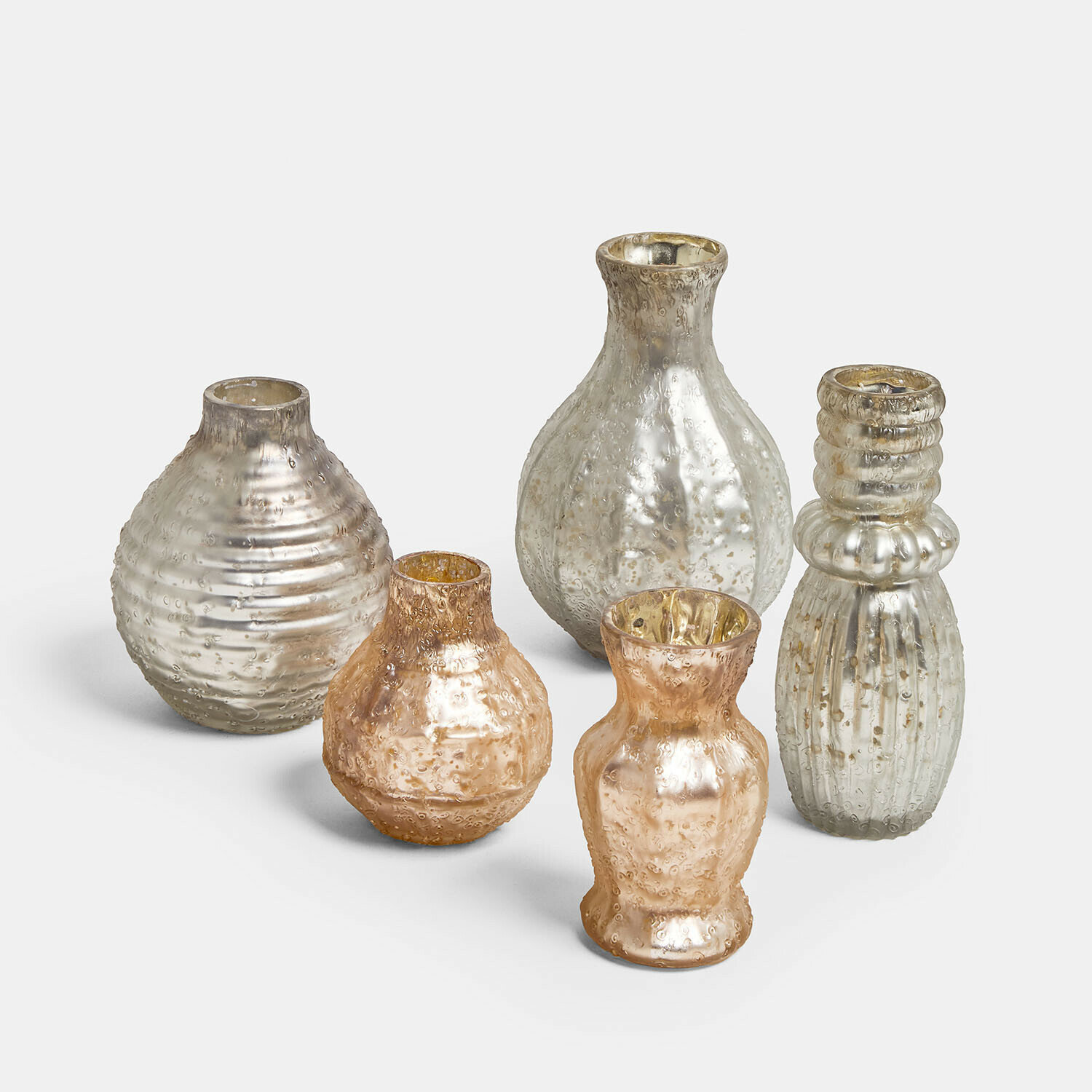 Vase 5er Set Petillantique Set aus fünf dekorativen Vasen aus strukturiertem Glas in silberner Farbe für Wohnraum