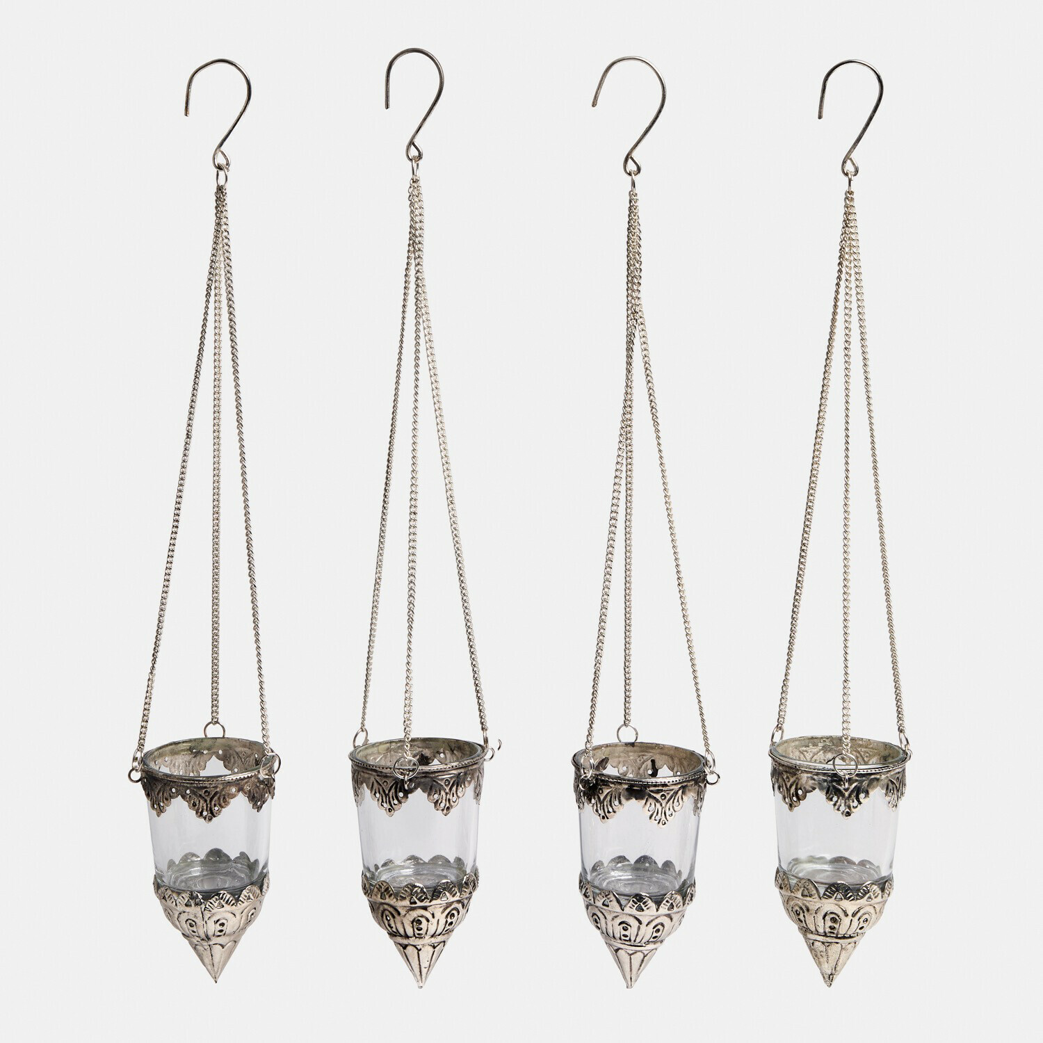 Windlichter 4er Set Céleste Set aus vier hängenden Glas-Teelichthaltern mit silberfarbenen, verzierten Metallabschlüssen