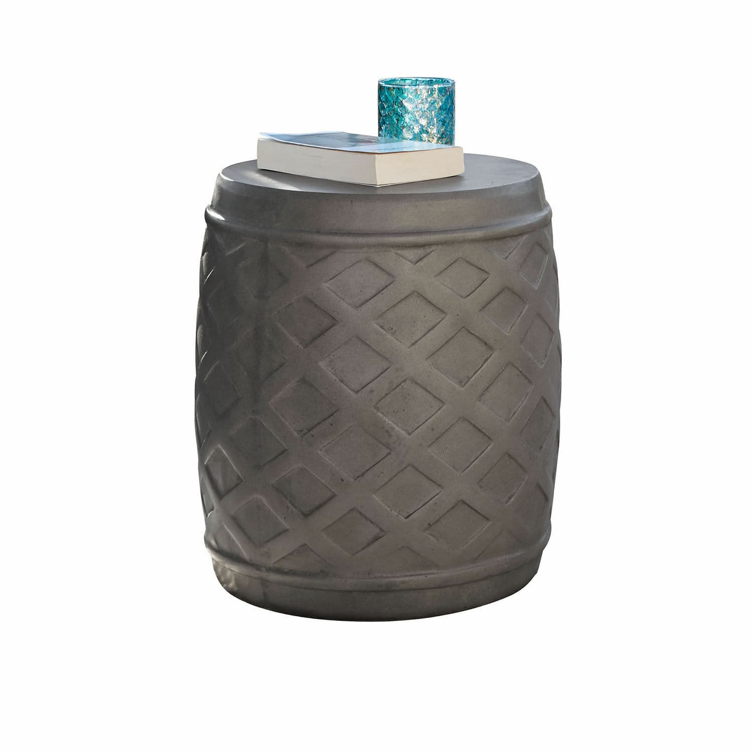 Hocker Plévin Grauer Beistelltisch aus Beton mit geometrischem Muster, ideal für modernes Wohnzimmer