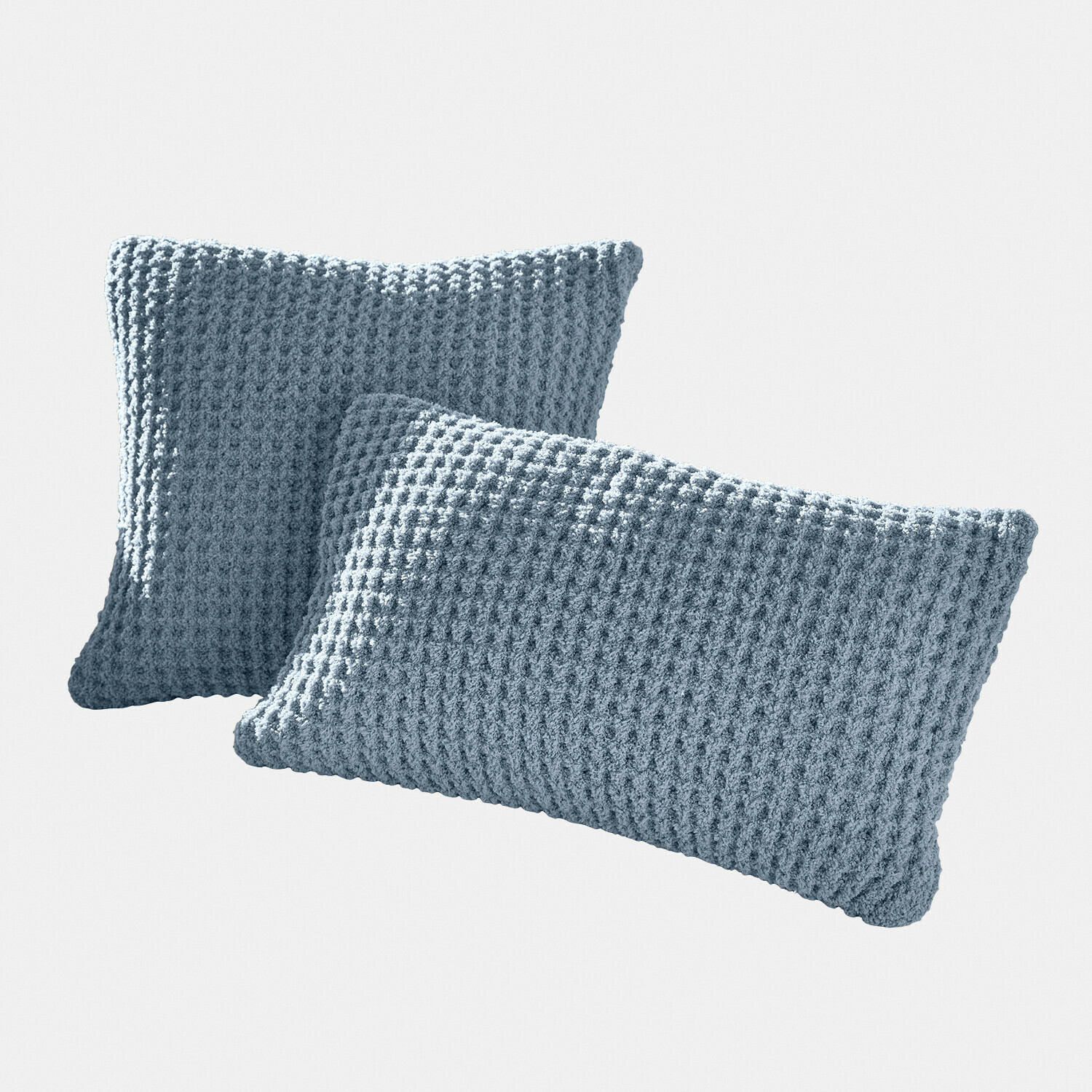 Kissenhülle 2er Set Ysilda Zwei blaue Kissen aus weichem, gestricktem Waffelstoff als dekorative Wohnaccessoires