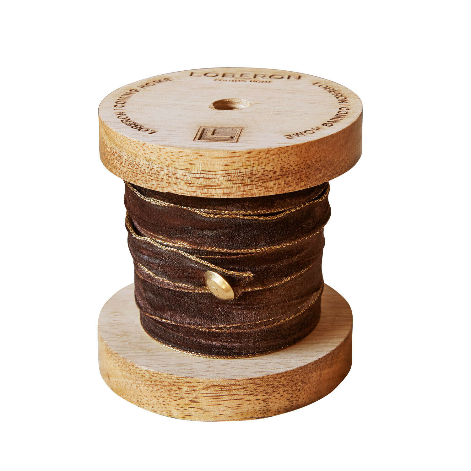 Dunkelbraunes Samtband Sorima mit goldenen Akzenten auf Holzspule, dekoratives Bastelband