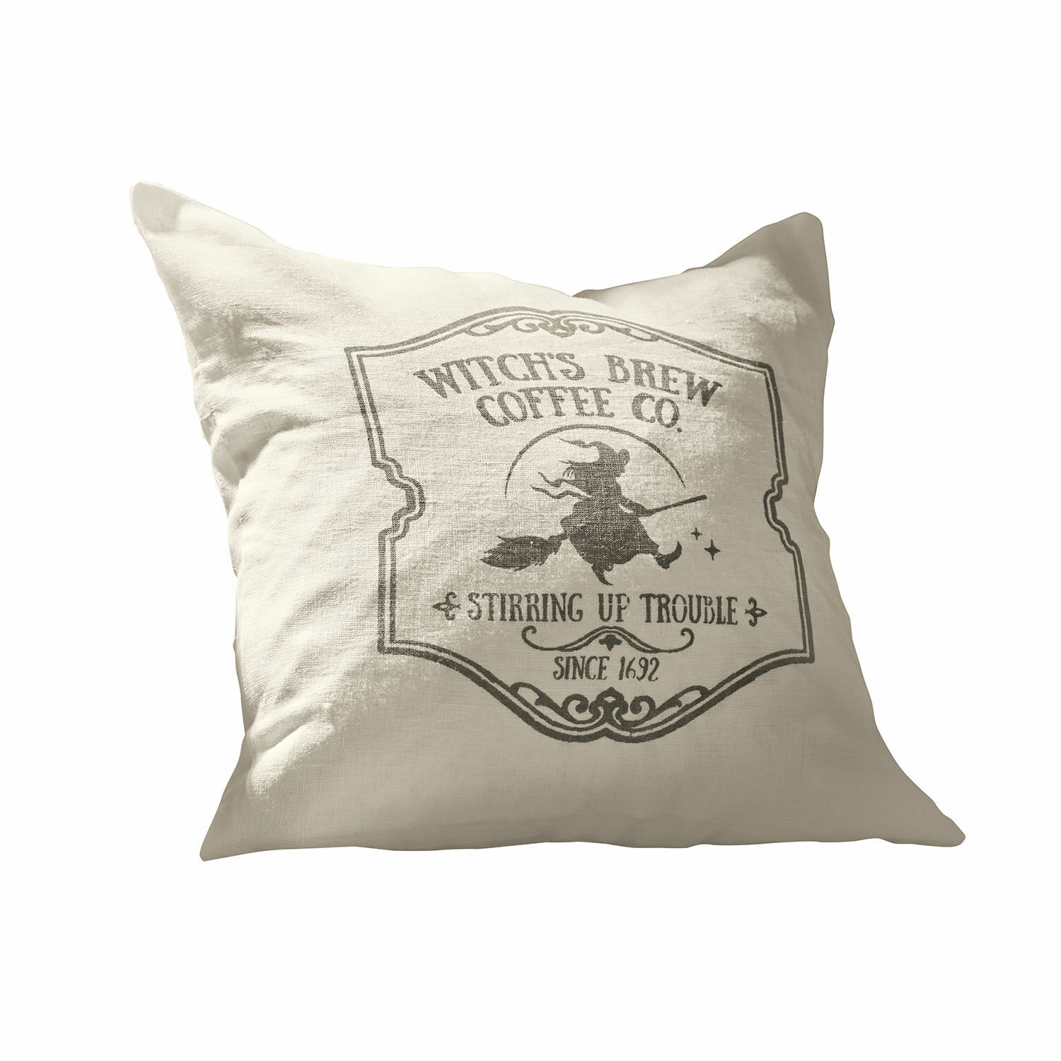 Kissenhülle Morivelle Beige Leinenkissen mit Hexen-Motiv und Kaffee-Schriftzug, dekoratives Wohnaccessoire