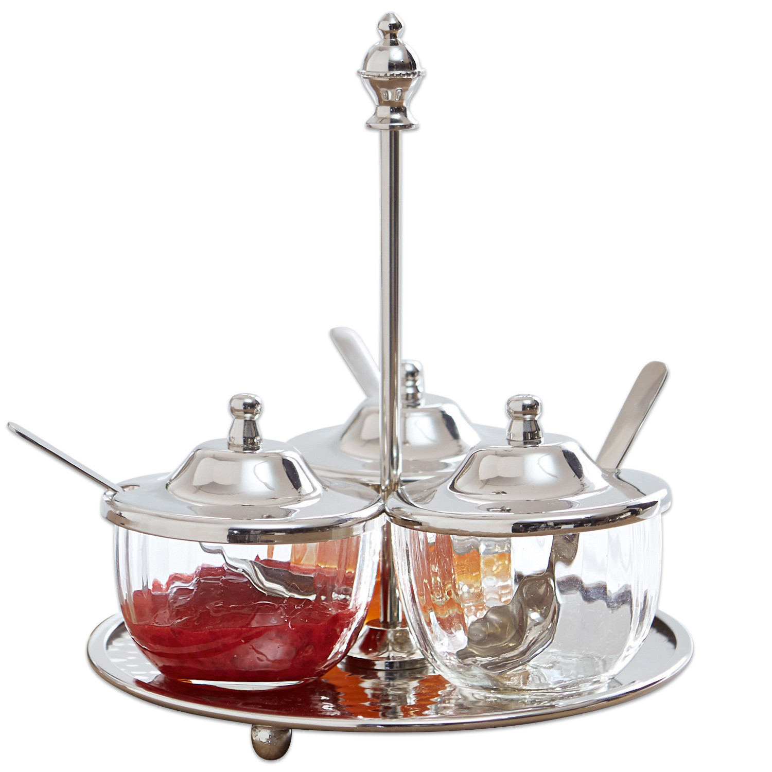 Menage Julius Set aus drei Glasbehältern mit Deckeln und Löffeln auf Metalltablett für Marmelade