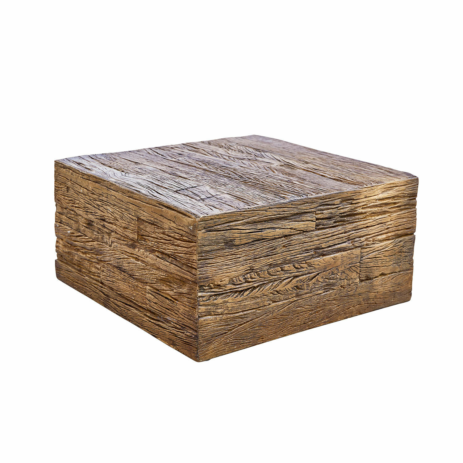 Quadratischer Couchtisch aus braunem Holz mit rustikaler Struktur für das Wohnzimmer