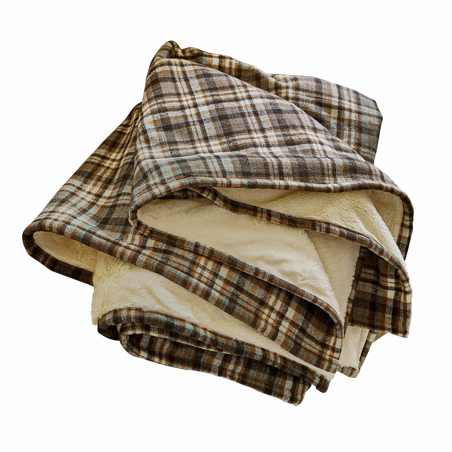 Plaid Celestria Weiche Decke mit braunem Karomuster und cremefarbenem Plüschfutter, ideal für kalte Tage