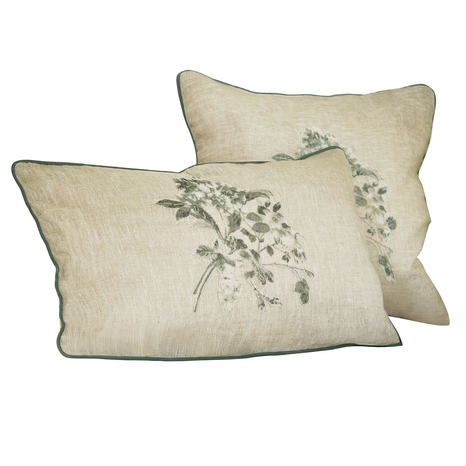 Kissenhülle 2er Set Chantrelle Beige Leinenkissen mit grünem Pflanzenstickerei und grünem Rand, dekorativ für Wohnzimmer