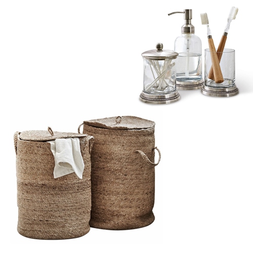 Badezimmer-Set mit Jute-Körben und Glasaccessoires mit Metallverzierungen