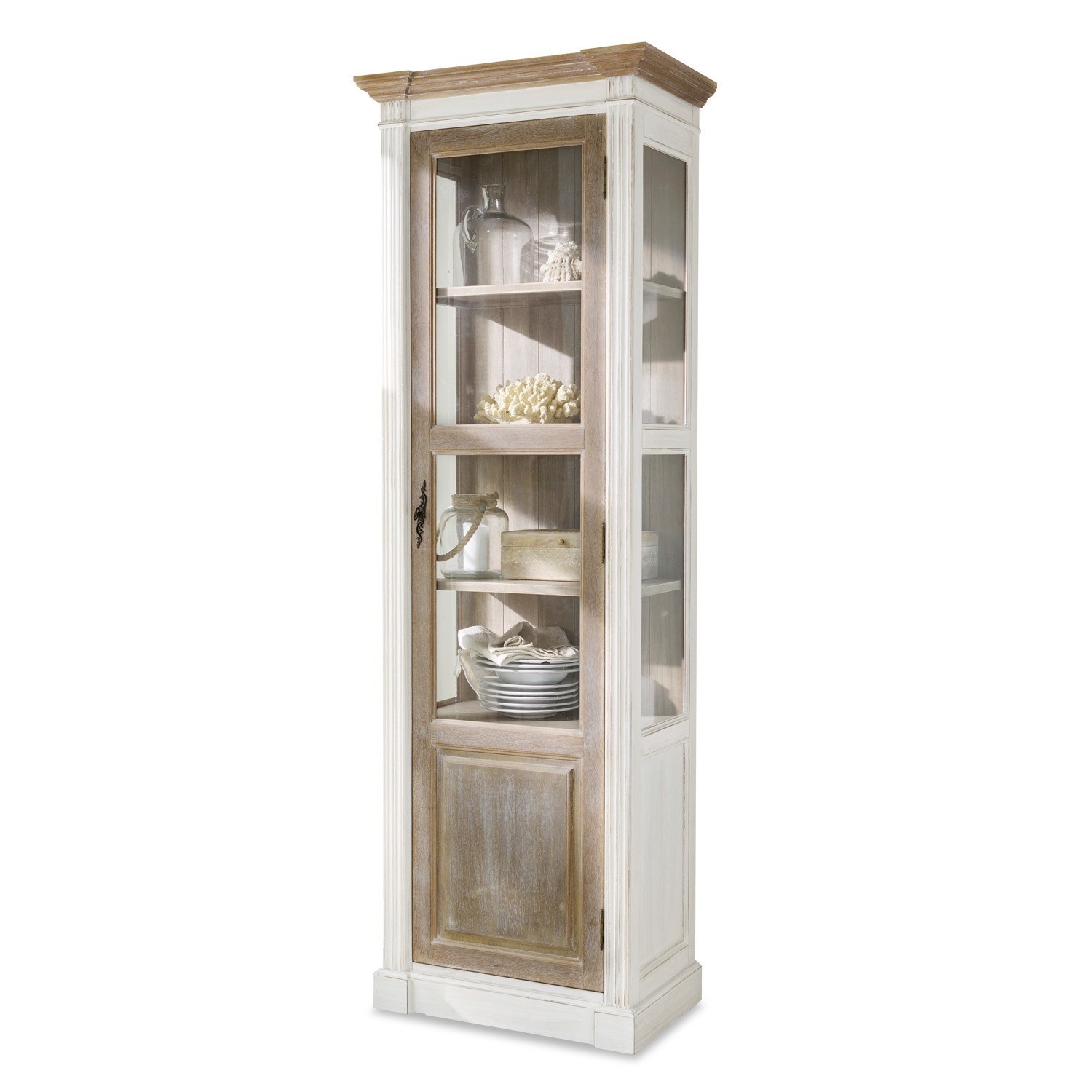 Schrank Coverton Vitrine aus Holz in Weiß und Natur mit Glastür zur Aufbewahrung von Dekoration und Geschirr