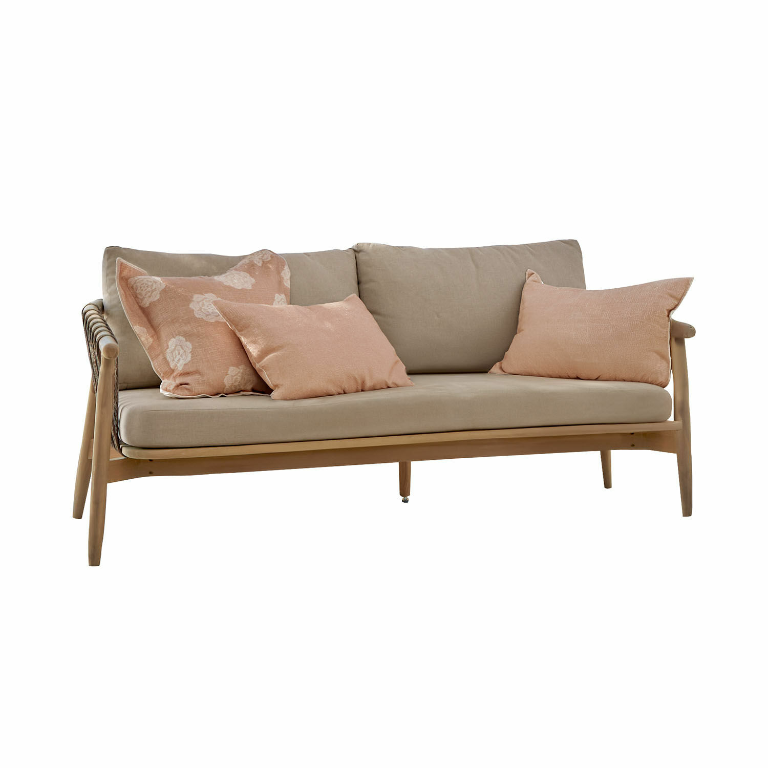 Sofa FSC®-100% Thornwick Sofa aus hellem Holz mit beigen Polstern und rosa Dekokissen für gemütliches Wohnzimmer