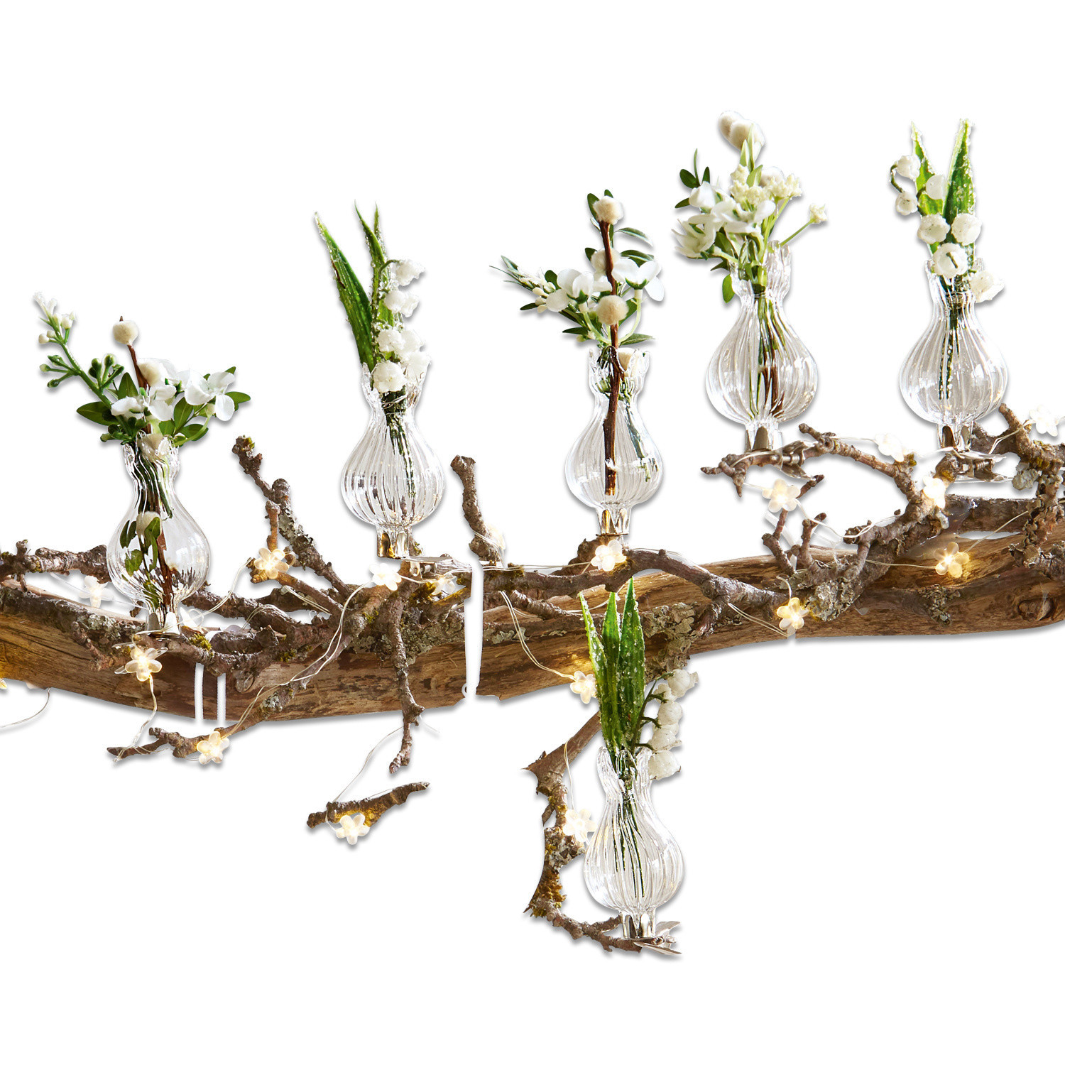 Vase 6er set Josephine Glasvasen mit weißen Blumen auf Ast mit dekorativer LED-Beleuchtung im natürlichen Stil