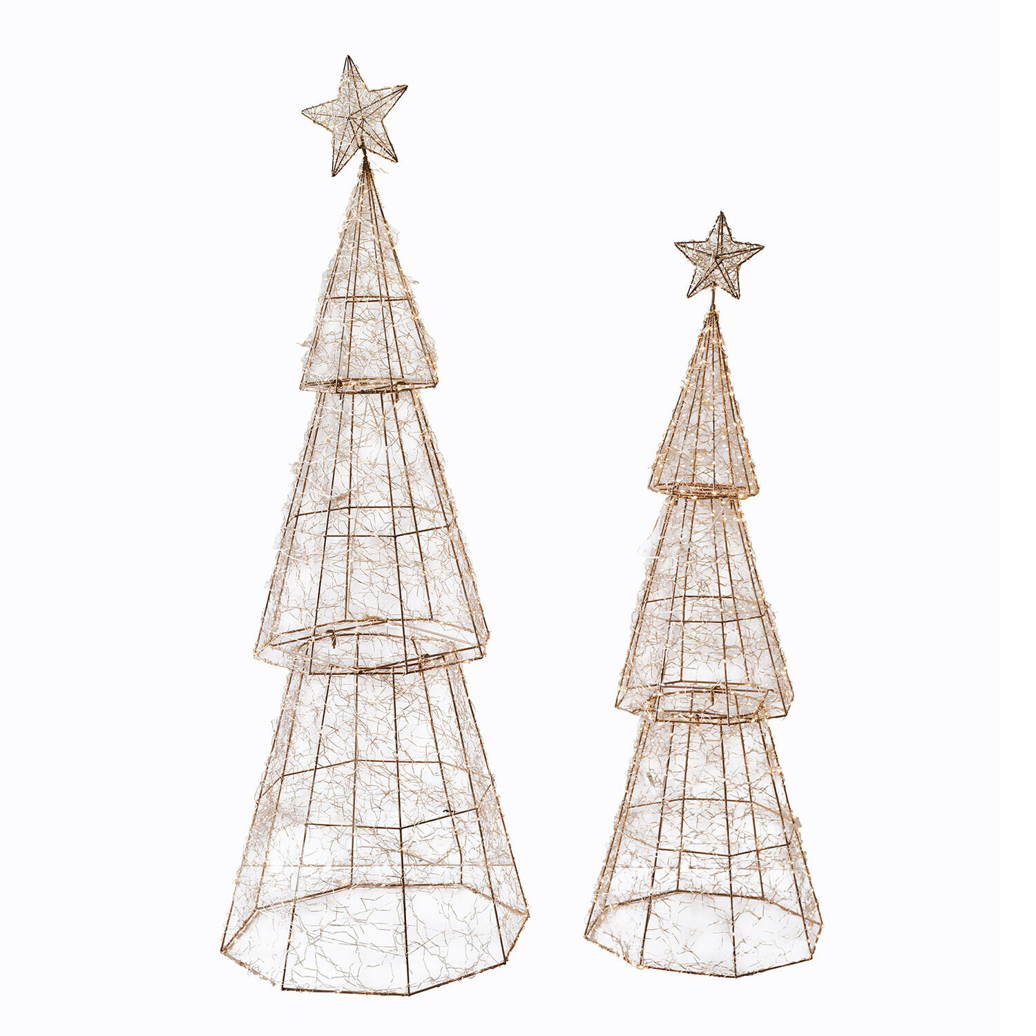 Drahtige Weihnachtsbäume mit goldfarbenen Sternen und LED-Beleuchtung als festliche Deko