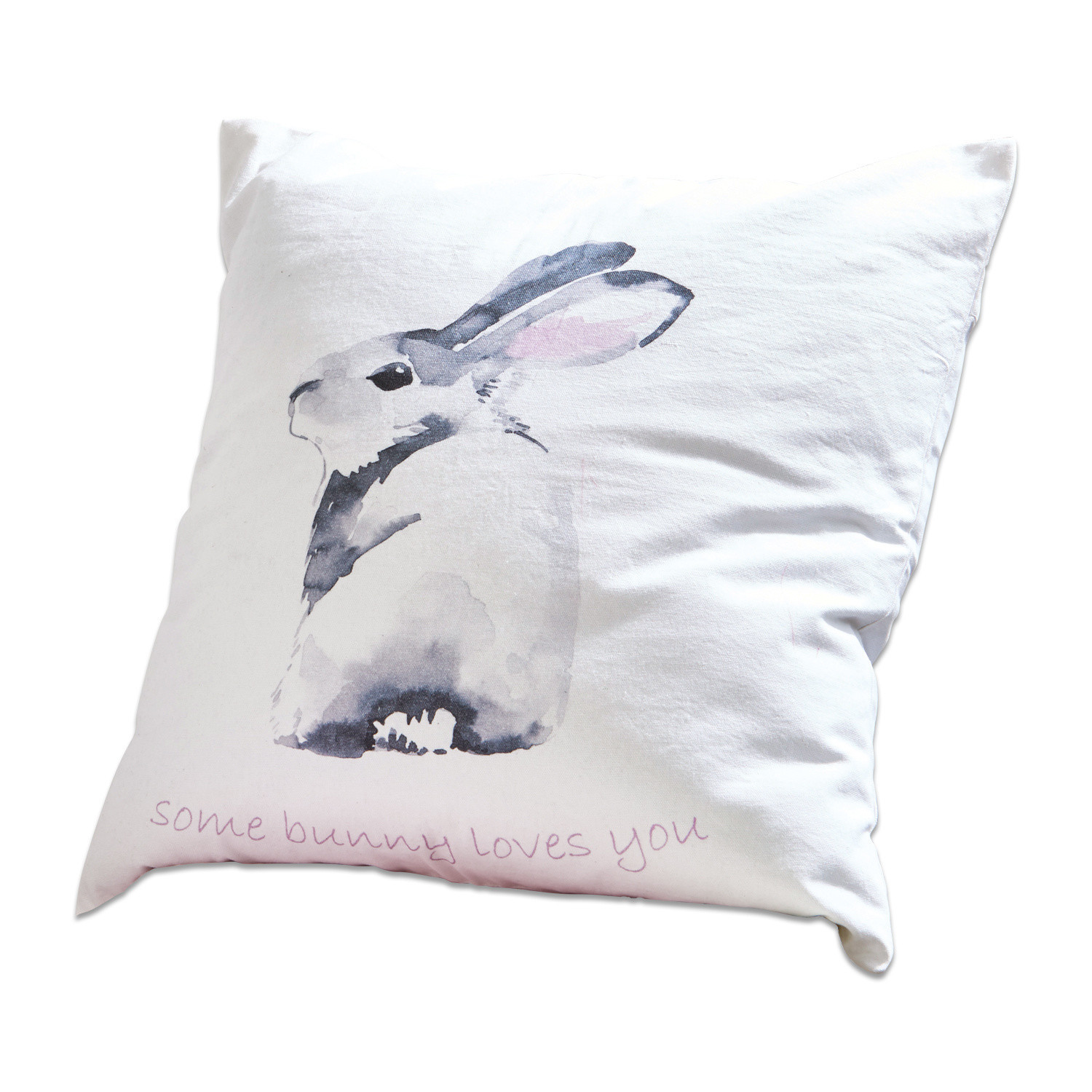 Kissen Greyson Weiße Baumwollkissen mit grauem Hasenmotiv und Schriftzug some bunny loves you