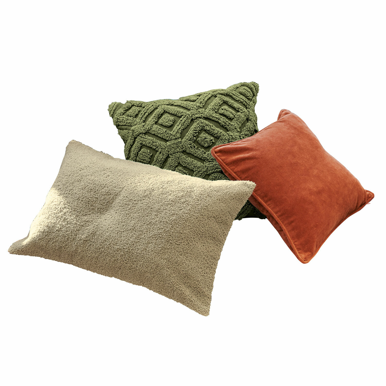Kissenhülle 3er Set Carrie Set aus drei dekorativen Kissen in Grün, Beige und Ziegelrot für gemütliches Wohnen